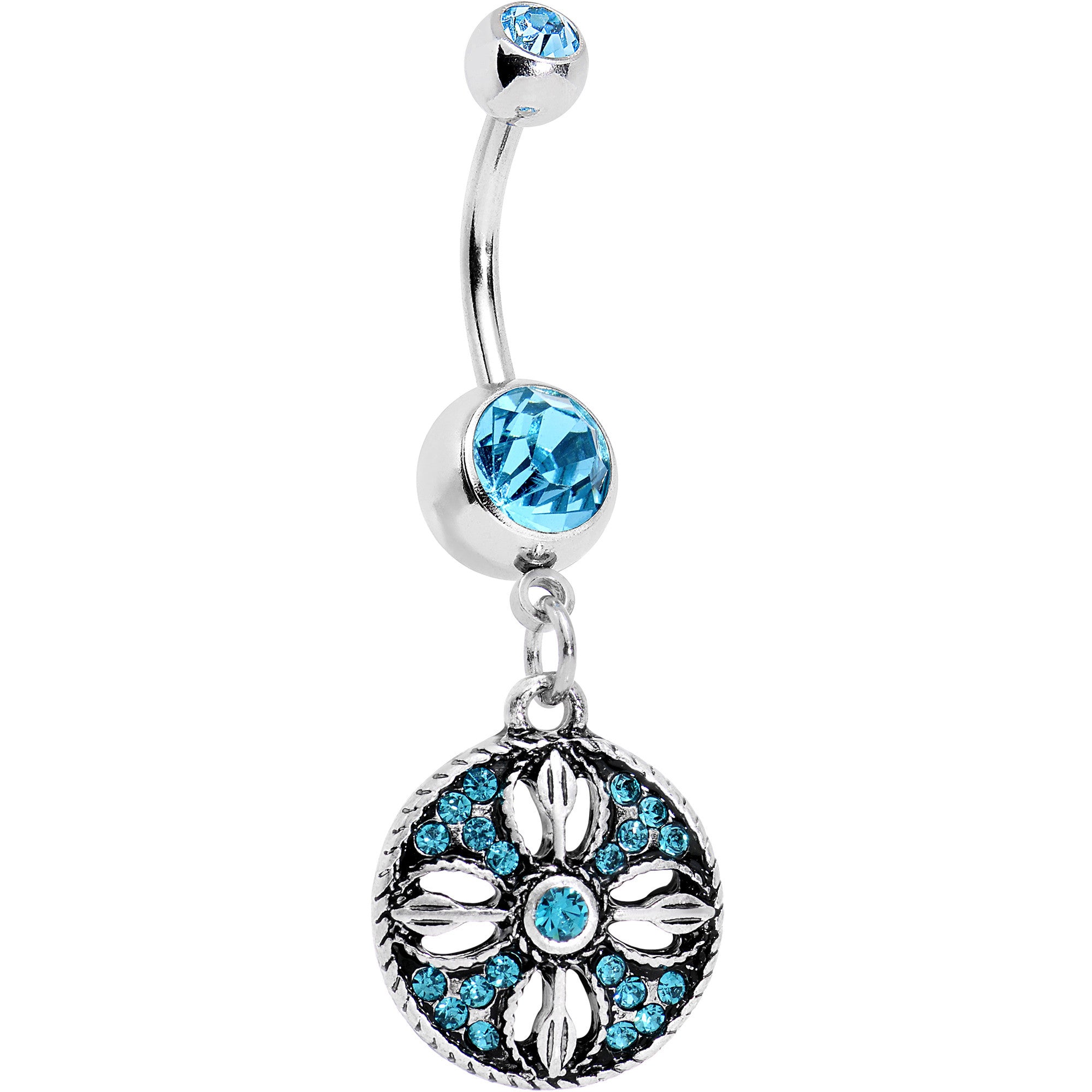 Aqua Gem Southwestern Flowering Disc Dangle Belly Ring