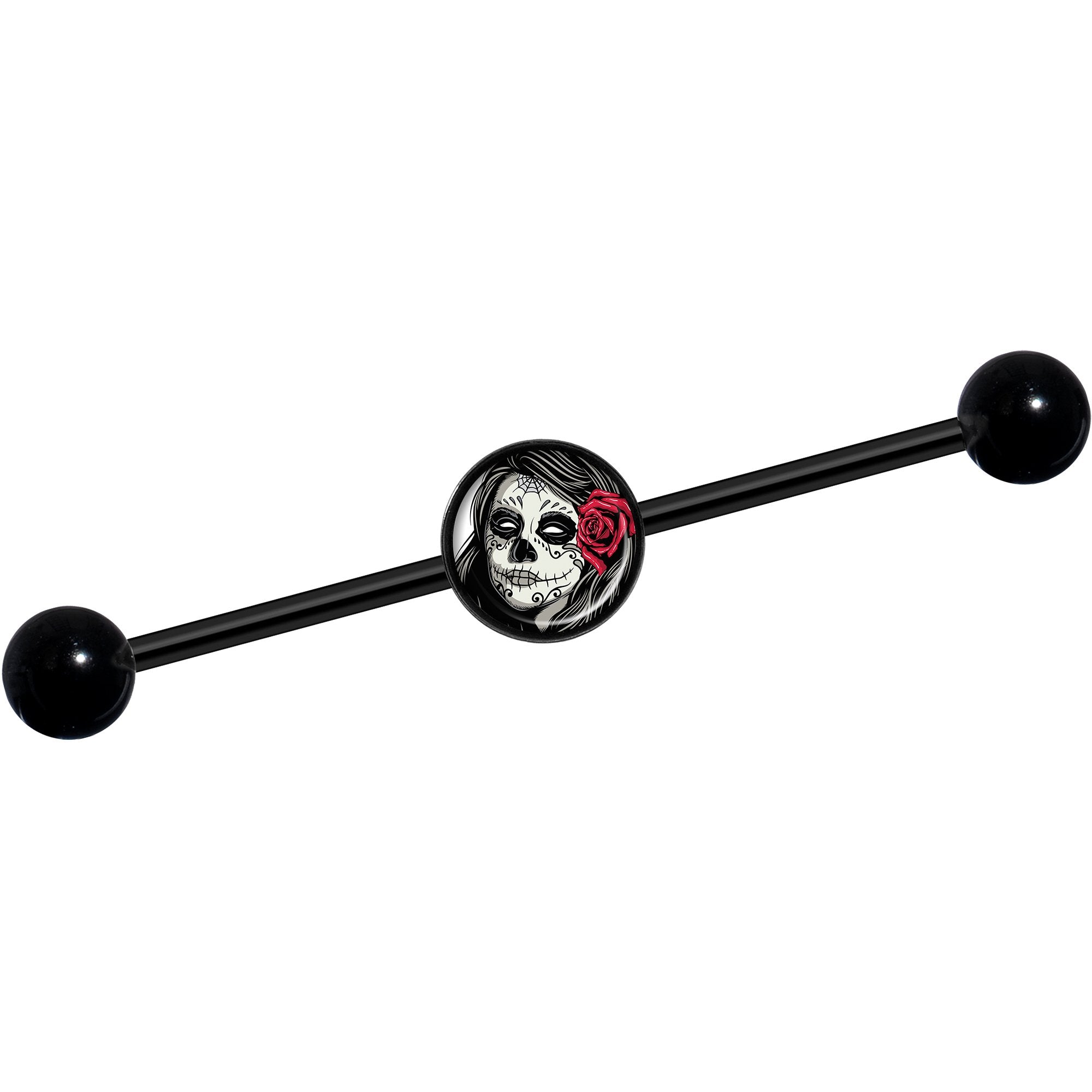 14 Gauge Katrina Sugar Skull with Rose Flower Black Industrial Barbell 37mm