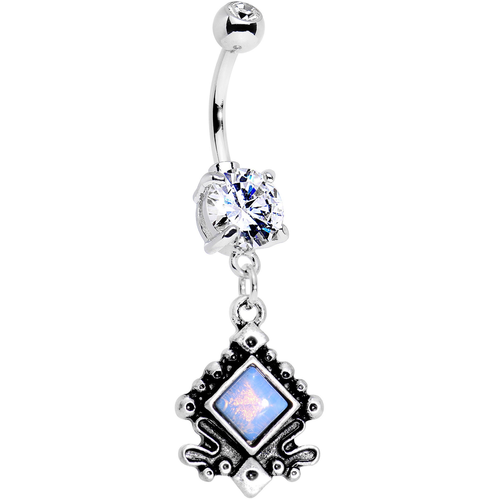 Blue Faux Opal Elegantly Etched Dangle Belly Ring