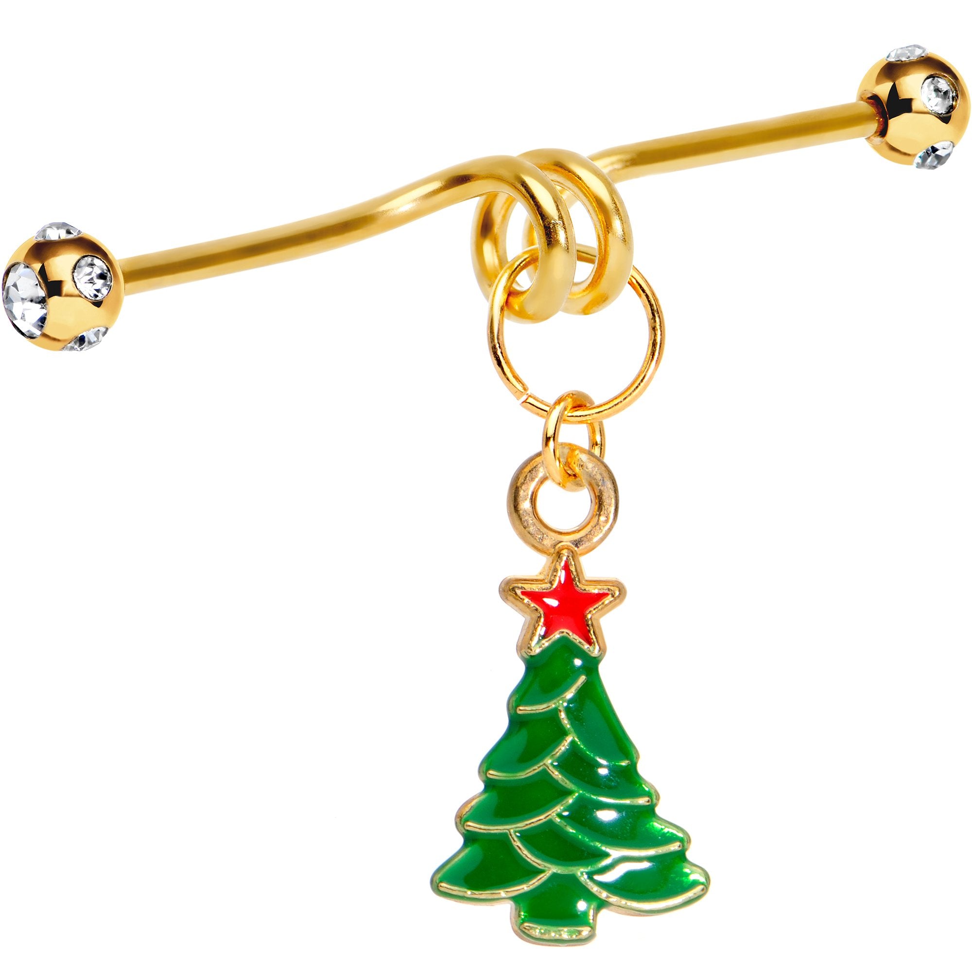 Gold Tone Anodized Christmas Tree Star Dangle Industrial Barbell 40mm