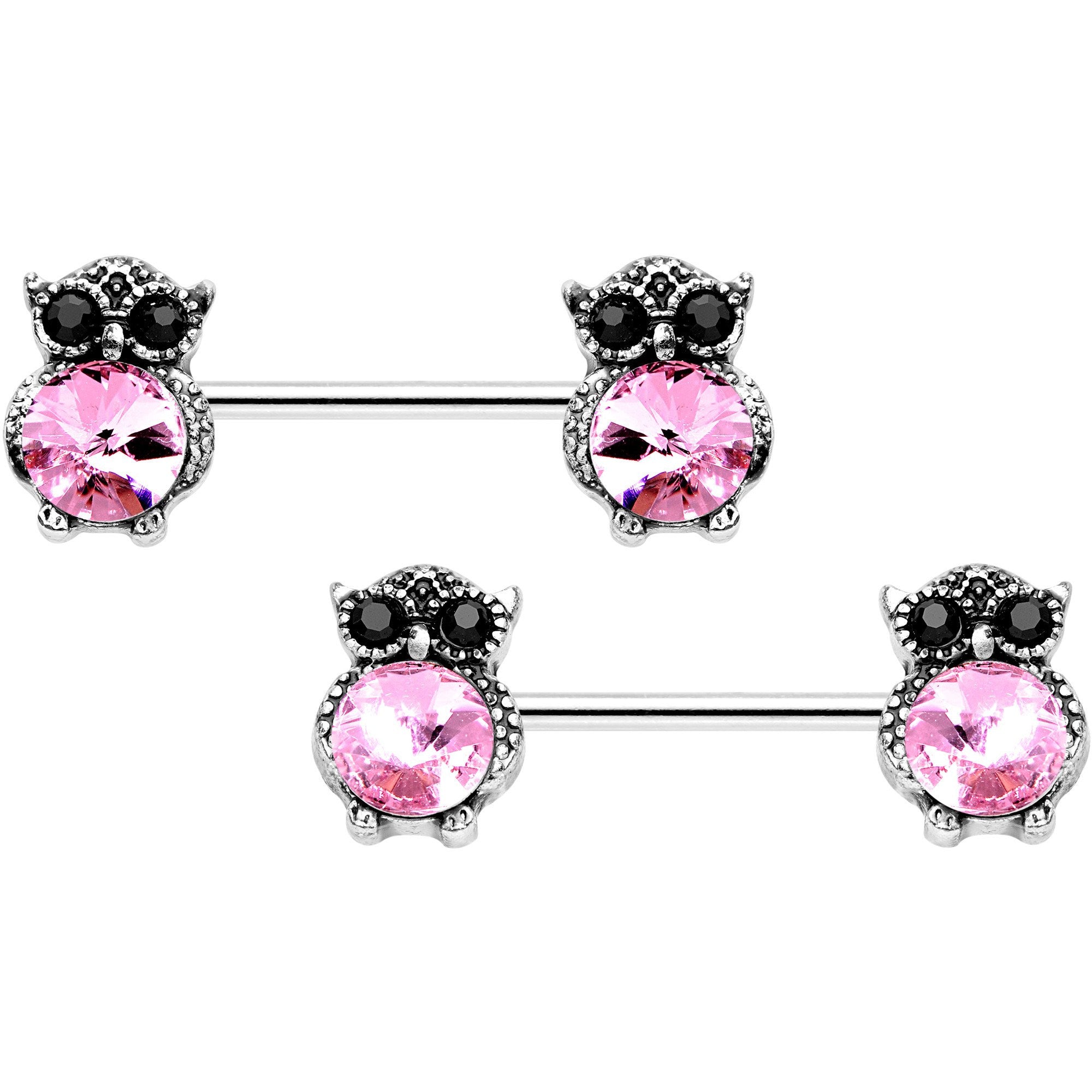 9/16 Pink Black Gem Mystical Owl Barbell Nipple Ring Set