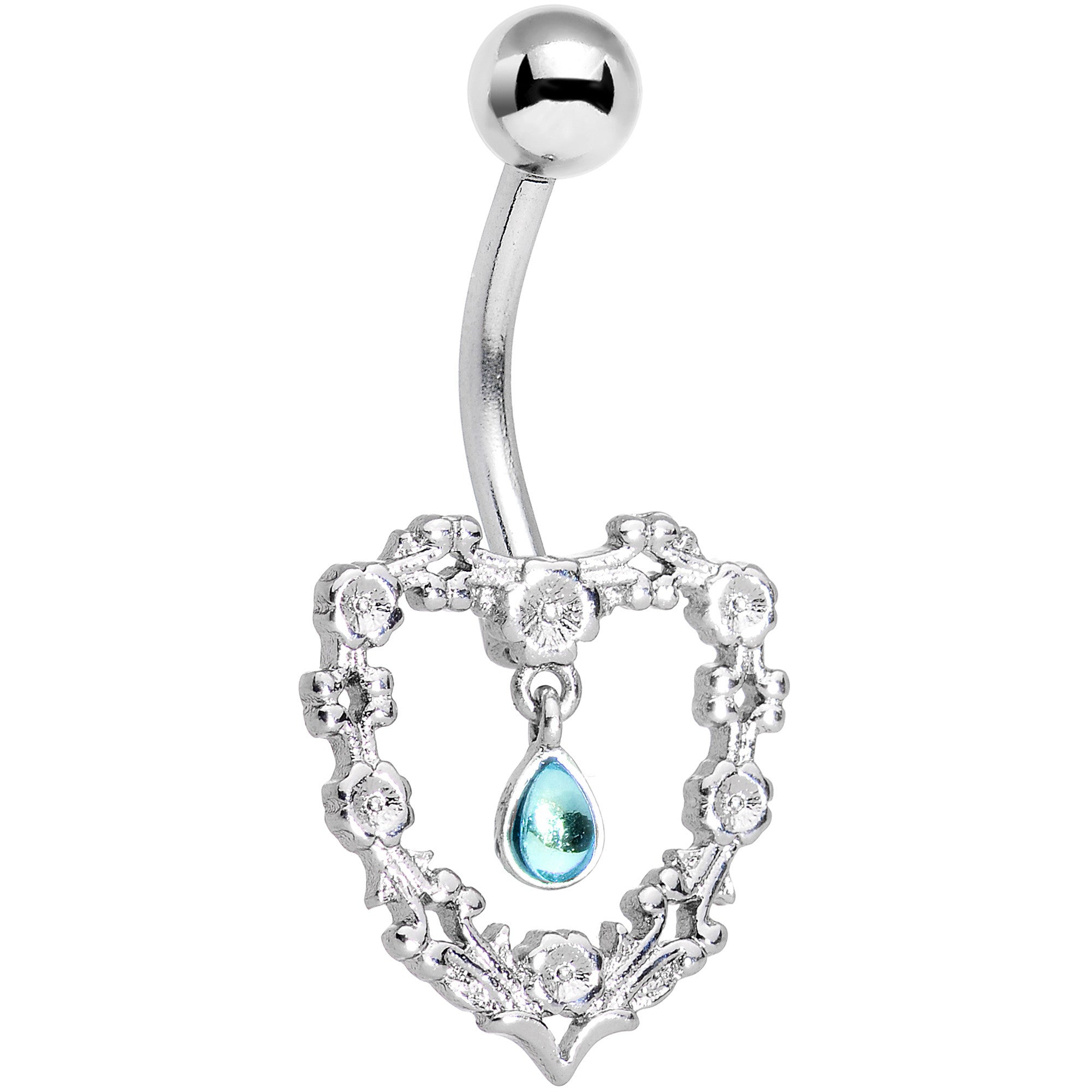 Aqua Gem Dangle Drop Floral Heart Belly Ring