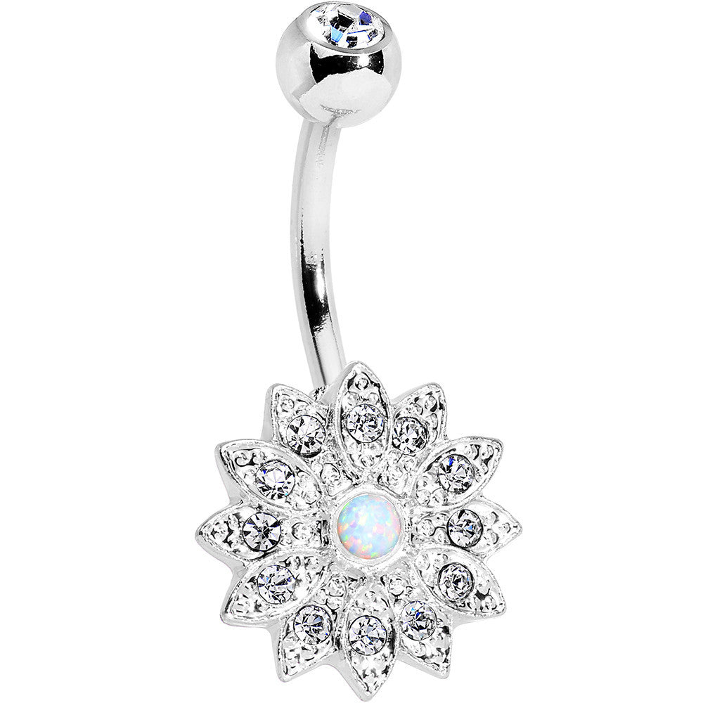 White Faux Opal Clear Gem Steel Fancy Flower Belly Ring