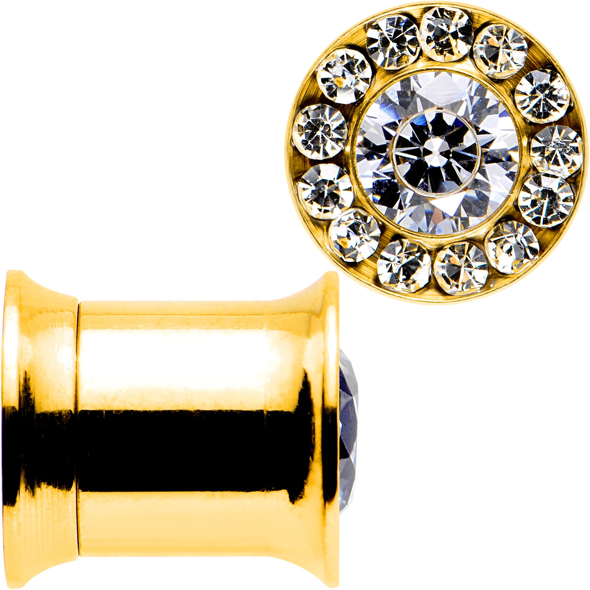 0 Gauge Clear CZ Gem Gold PVD Goddess of Glam Screw Fit Plug Set