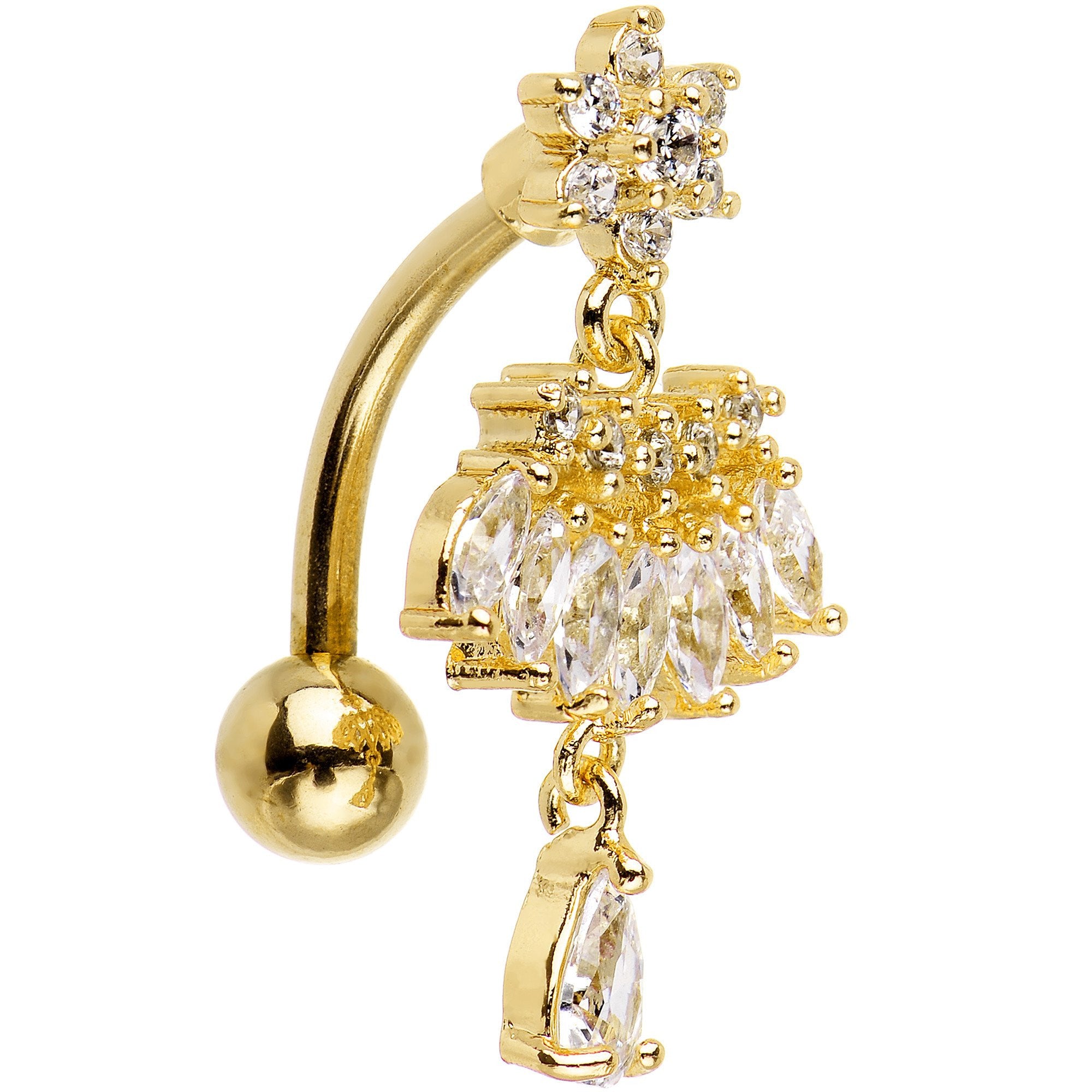 Clear CZ Gold Tone Chandelier Top Mount Dangle Belly Ring