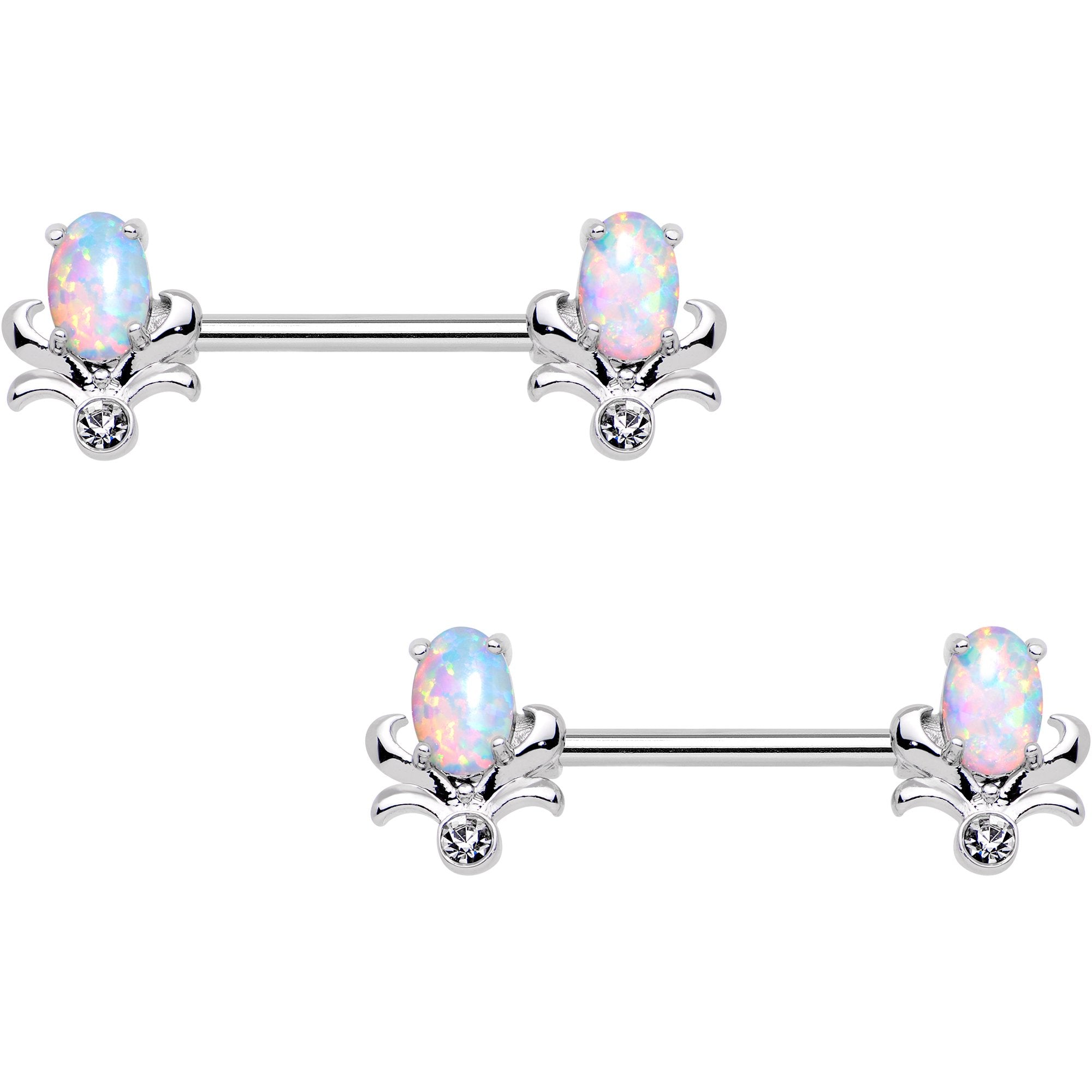 White Synthetic Opal Tender Tulip Flower Barbell Nipple Ring Set