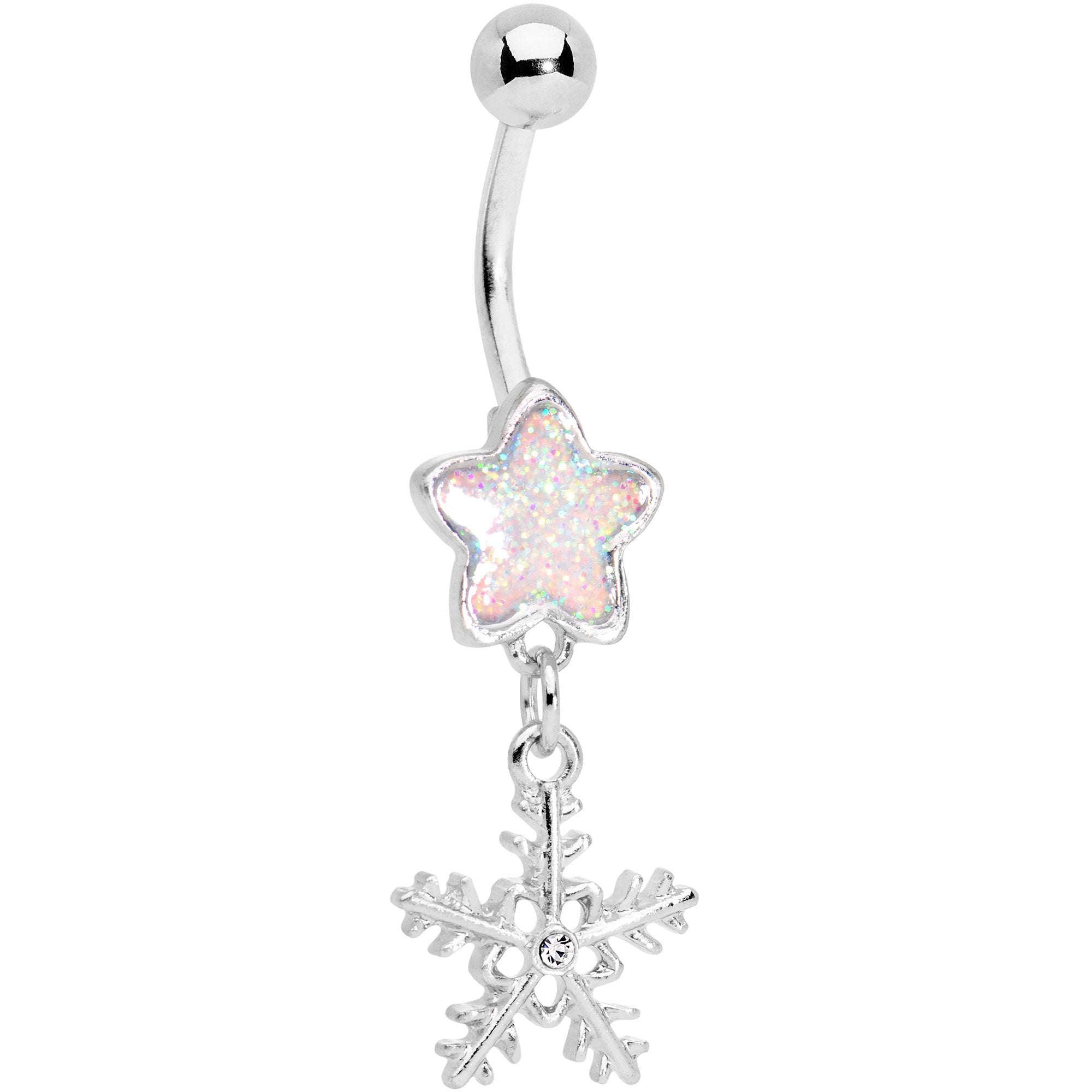 White Gem Star and Snowflake Dangle Belly Ring