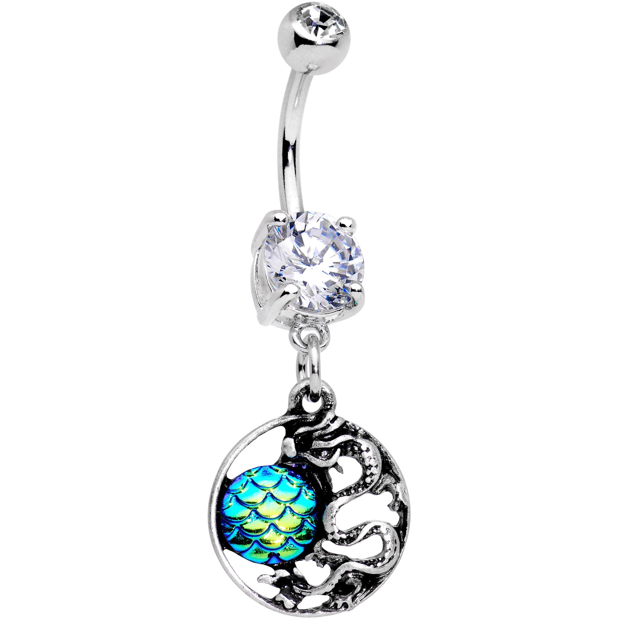 Clear CZ Gem Mermaid Scale Eastern Dragon Dangle Belly Ring