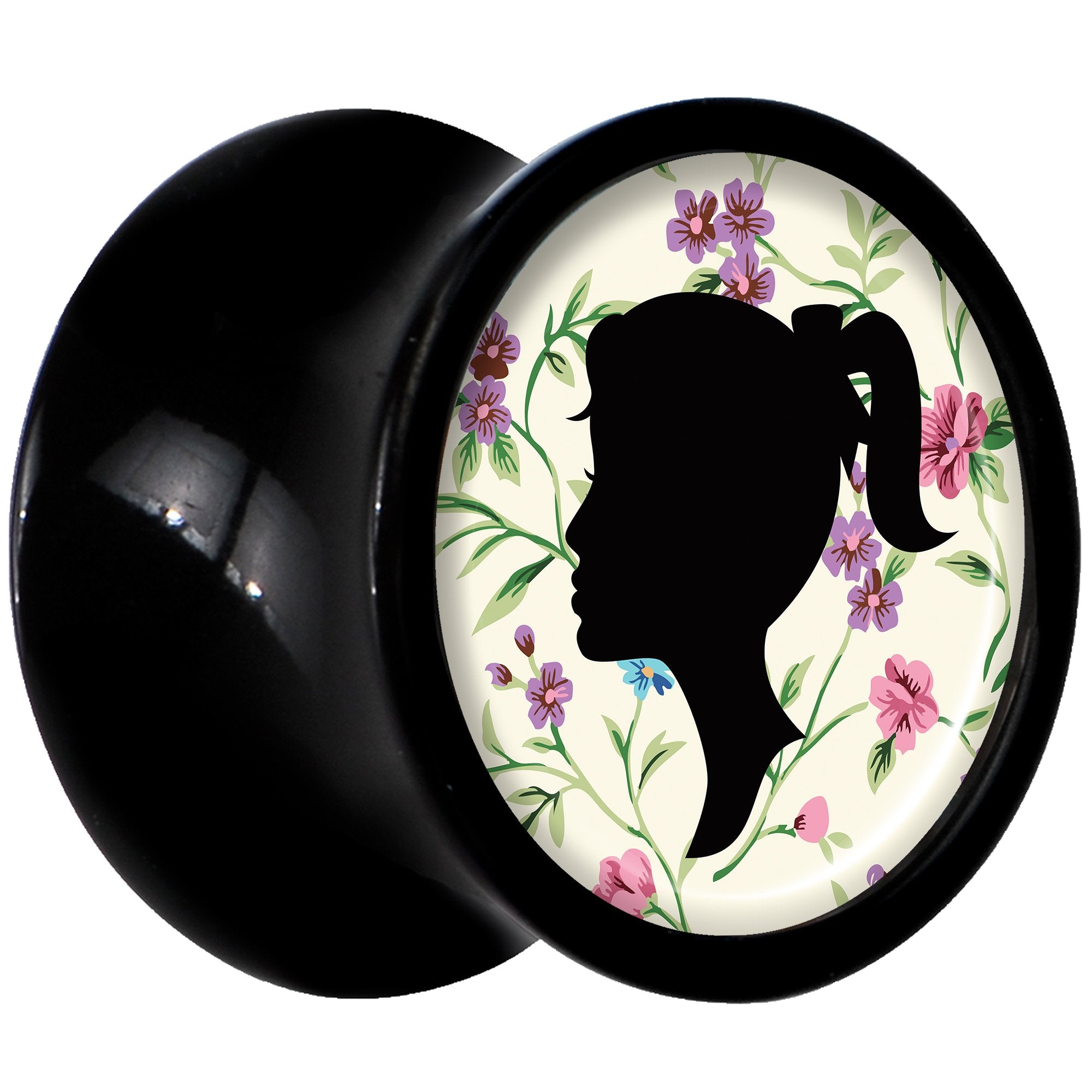 Black Acrylic Man Woman Floral Silhouette Saddle Plug Set 0 Gauge