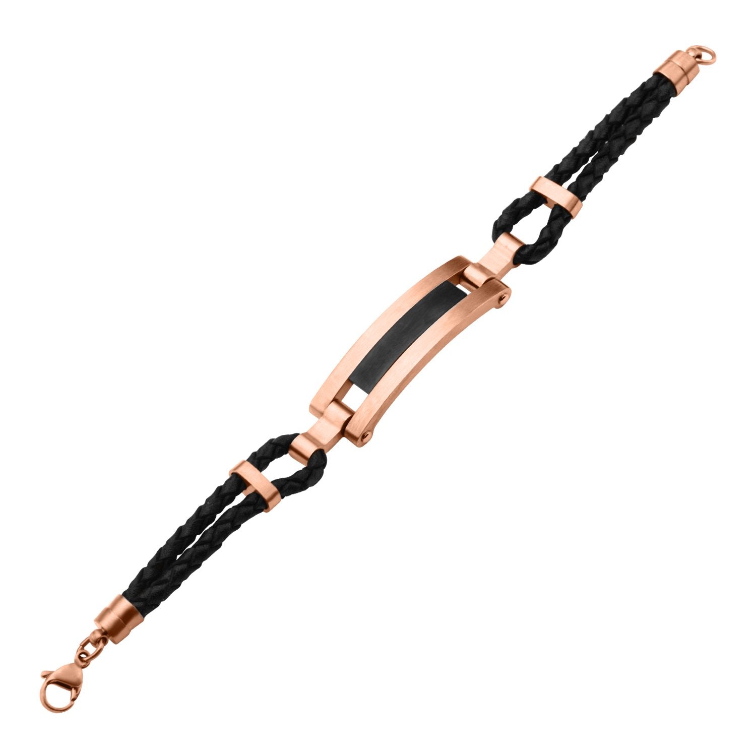 Mens Rose Gold IP and Matte Black Finished ID in Black Leather 14mm Bracelet