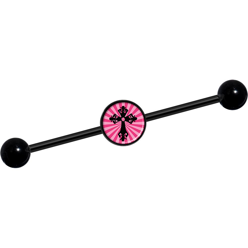 14 Gauge Pink Black Radiant Cross Black Industrial Barbell 37mm