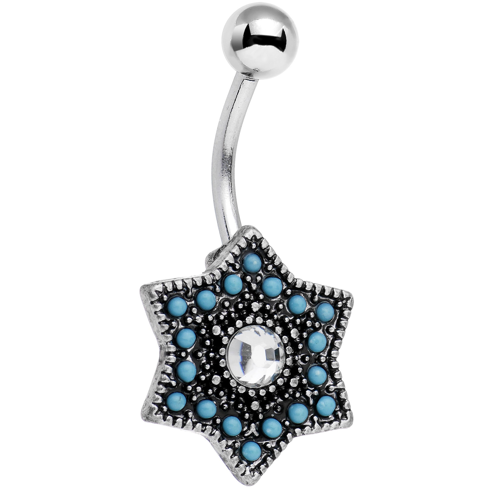 Clear Gem Blue Faux Turquoise Southwestern Star Belly Ring