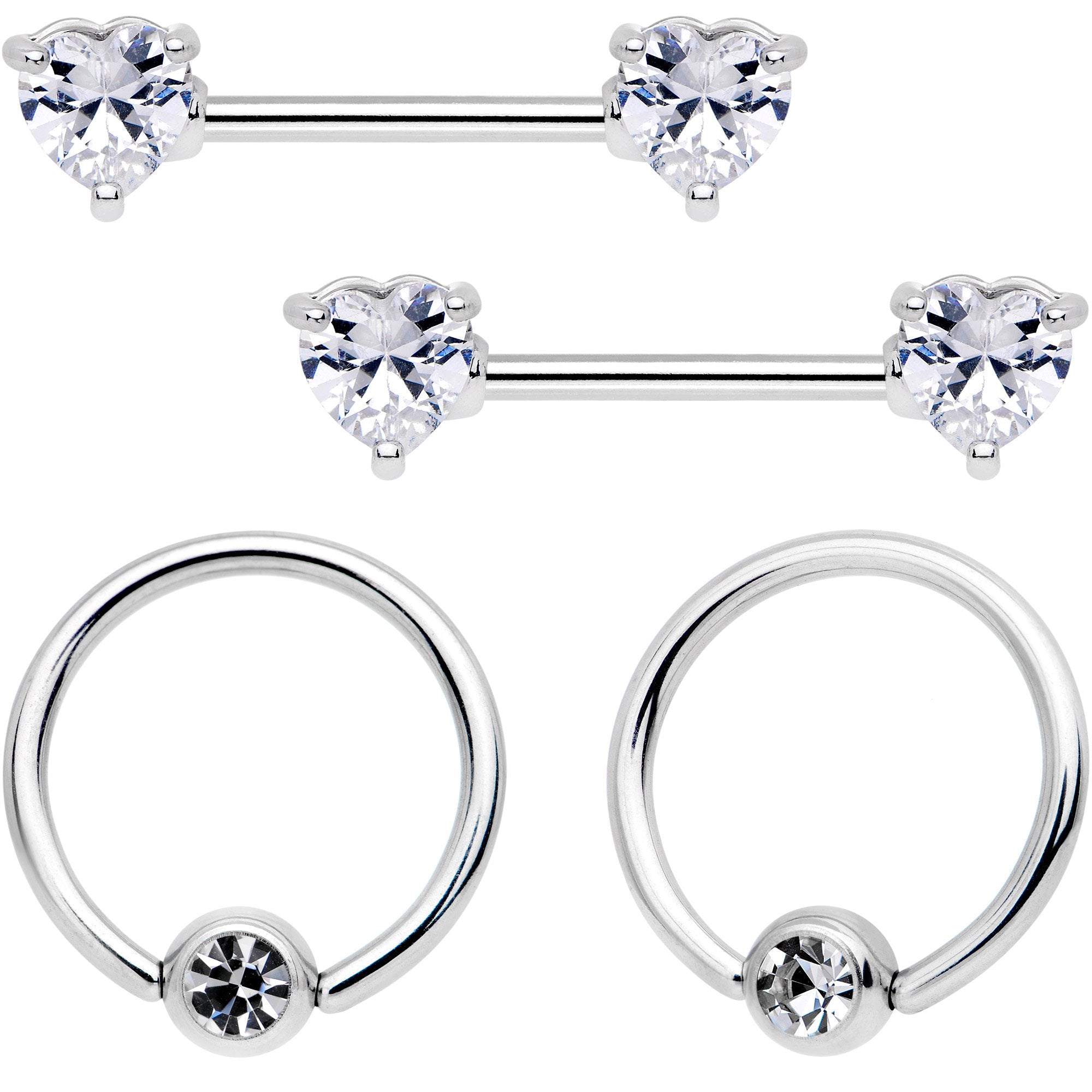 14 Gauge 9/16 Clear Gem Heart Captive Ring Barbell Nipple Ring Set