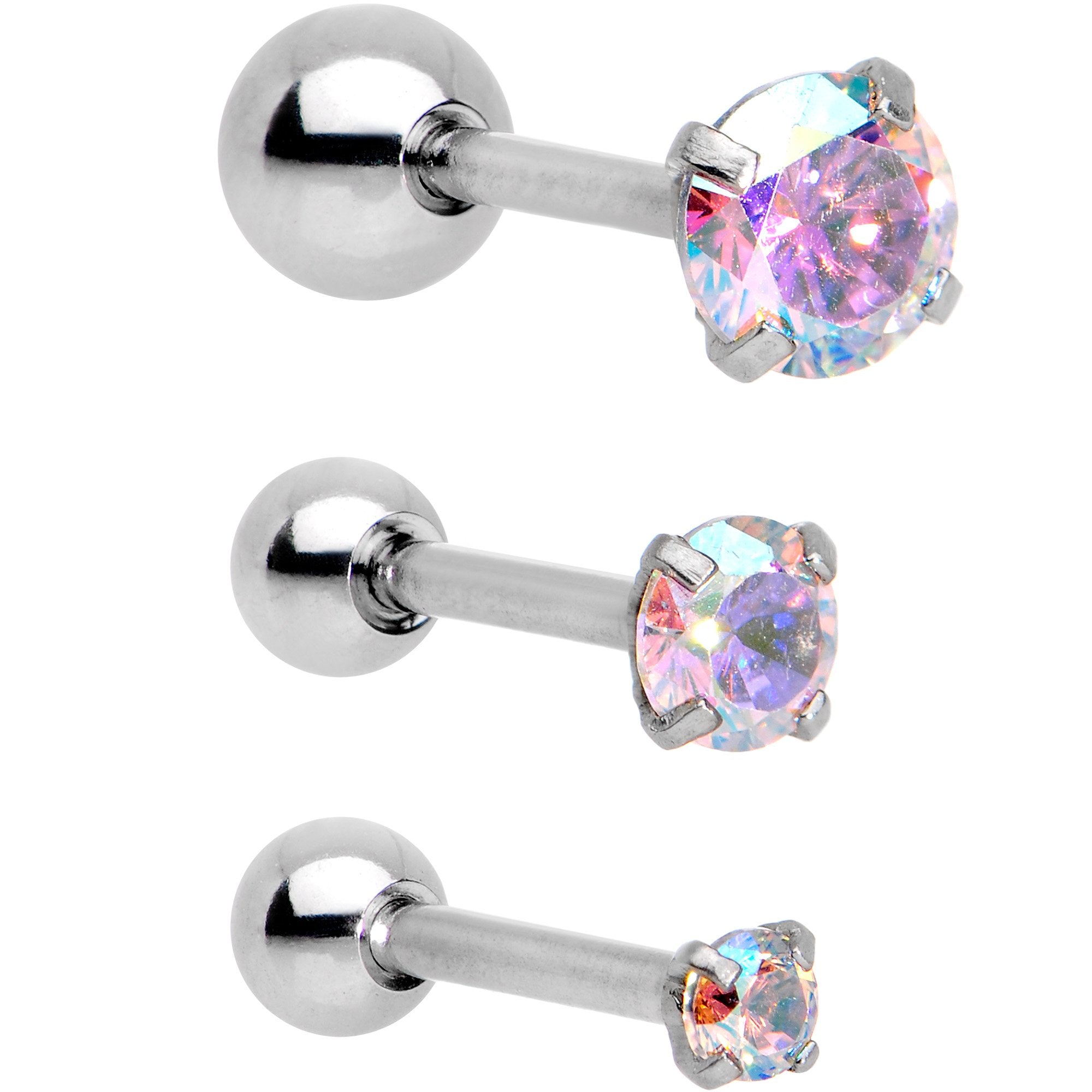 18 Gauge 5/16 Aurora CZ Gem Tragus Cartilage Earring 3 Pack Set