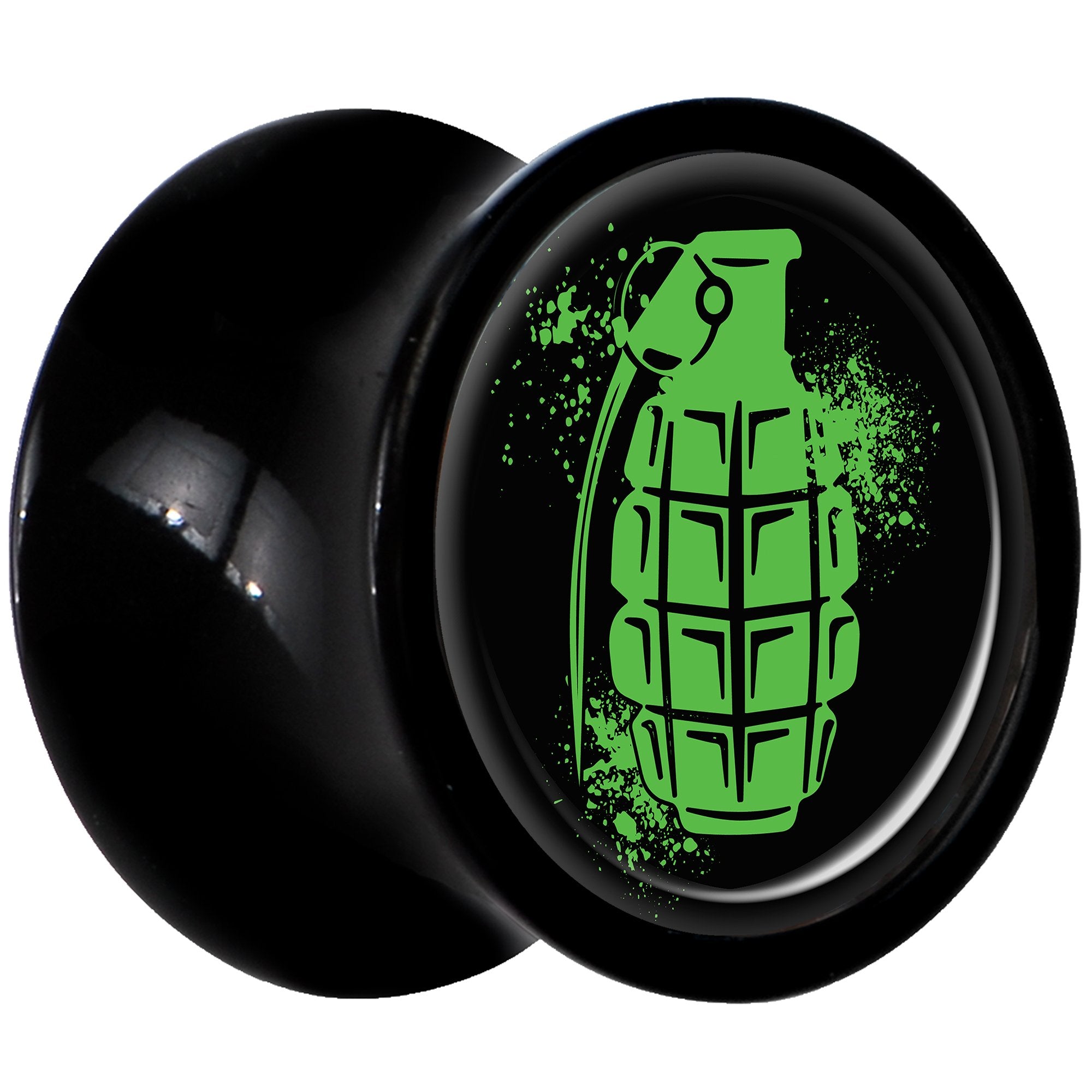 Black Acrylic Green Grenade Saddle Plug Set 0 Gauge