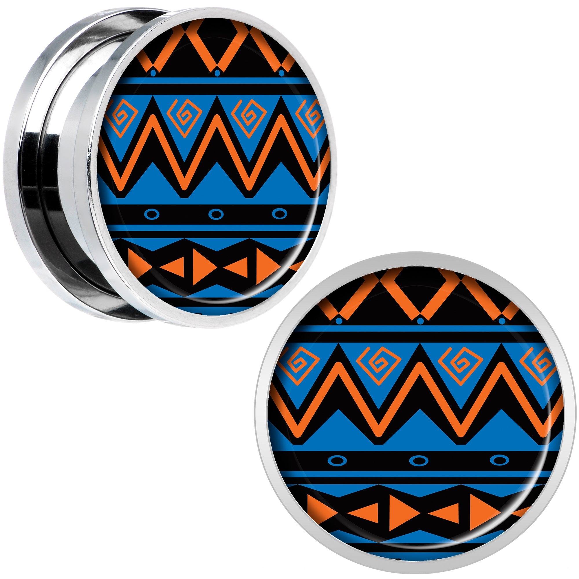 Blue Orange Tribal Print Steel Screw Fit Plug Set 18mm