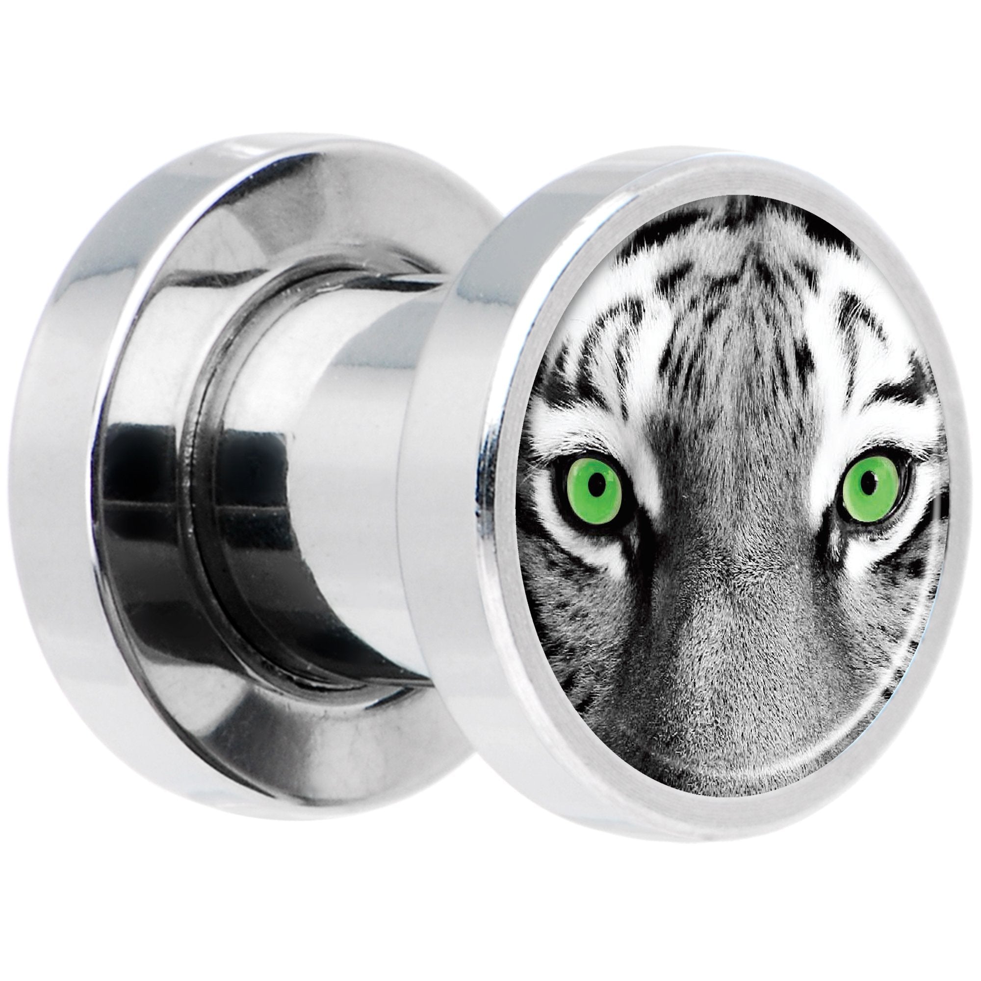 Black White Tiger Eyes Steel Screw Fit Plug Set 2 Gauge