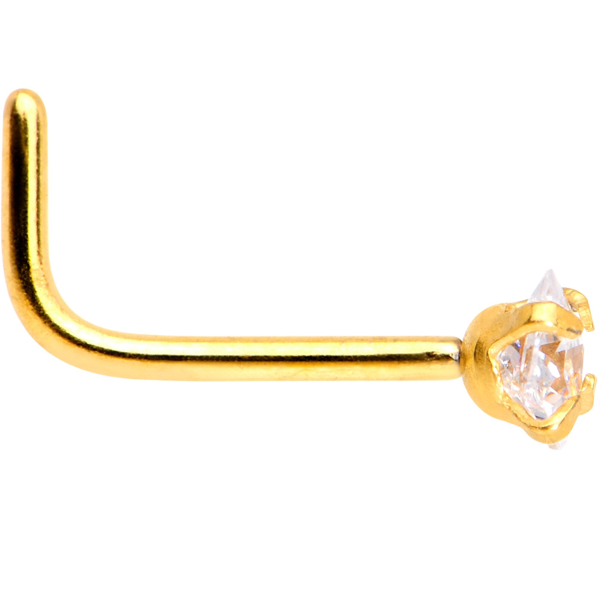 20 Gauge 1/4 Clear Square 2.5mm CZ Gem Gold IP L-Shape Nose Ring