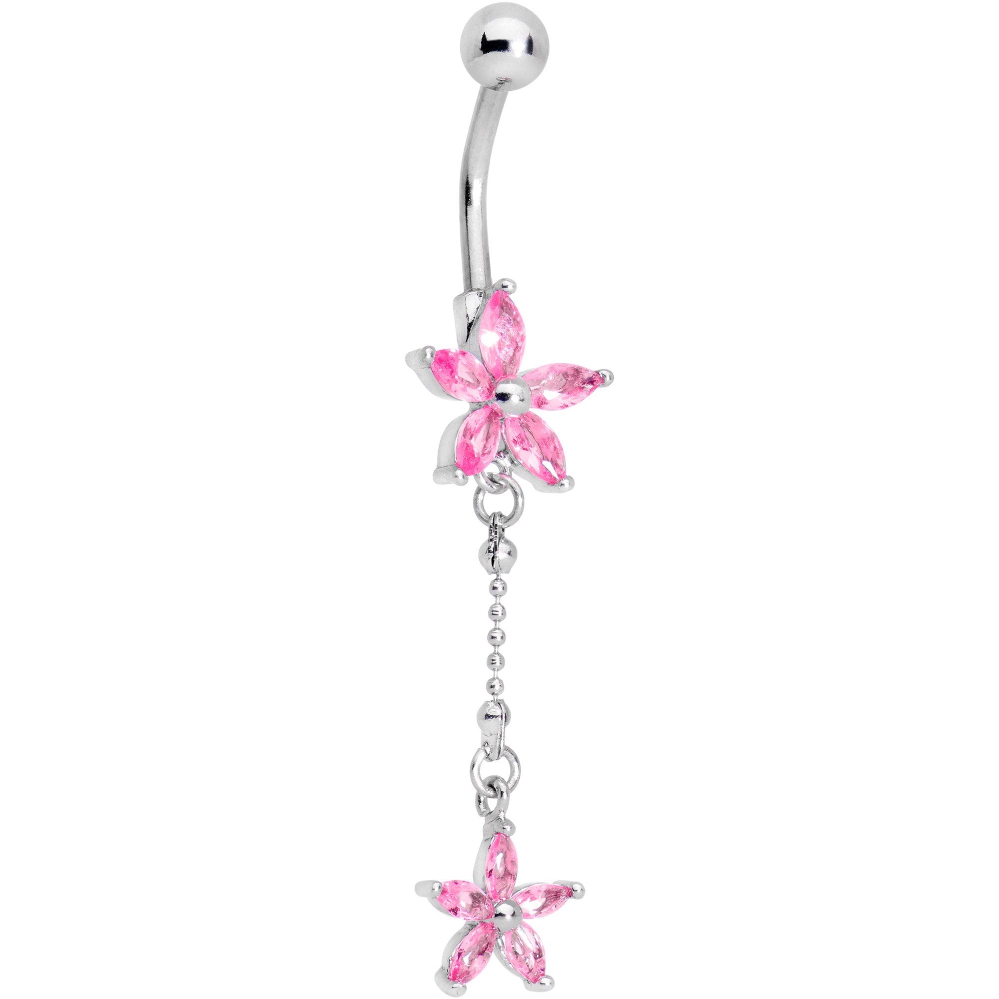 Pink CZ Gem Double Star System Dangle Belly Ring