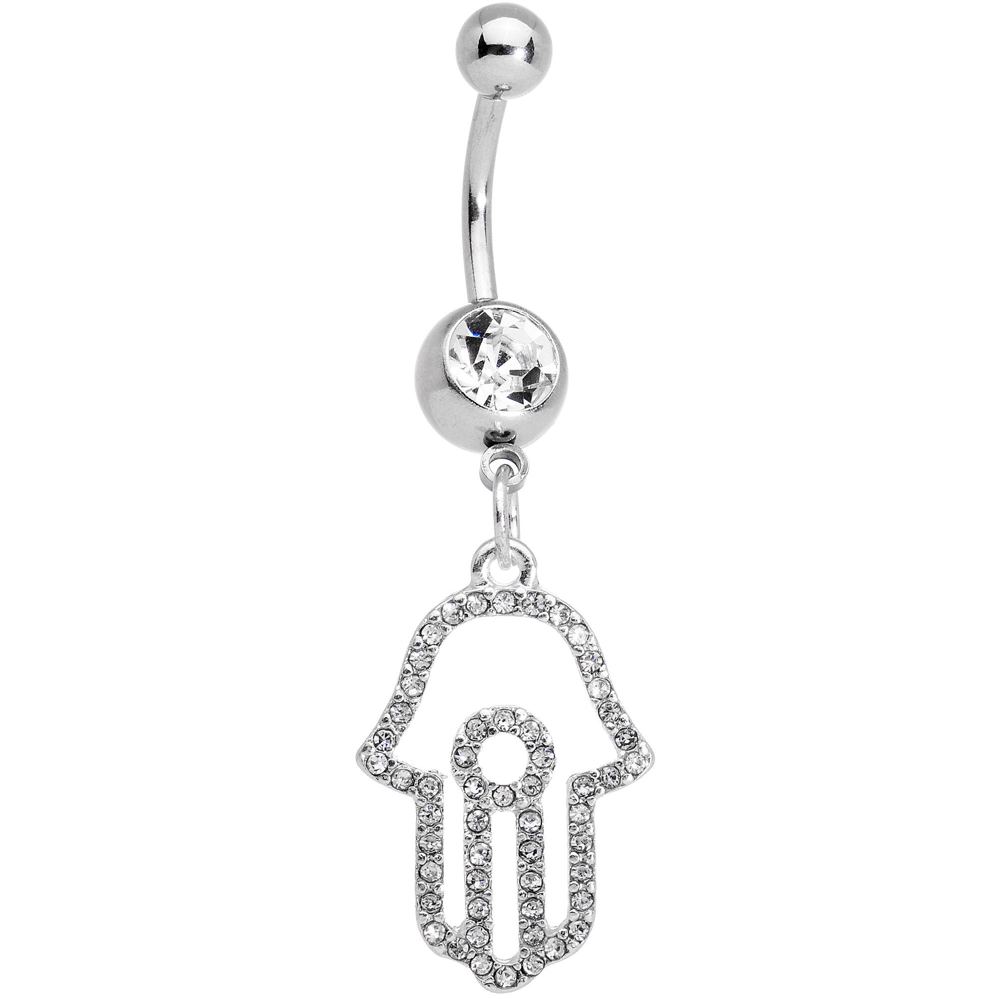 Clear Gem Hollow Hamsa Hand Dangle Belly Ring