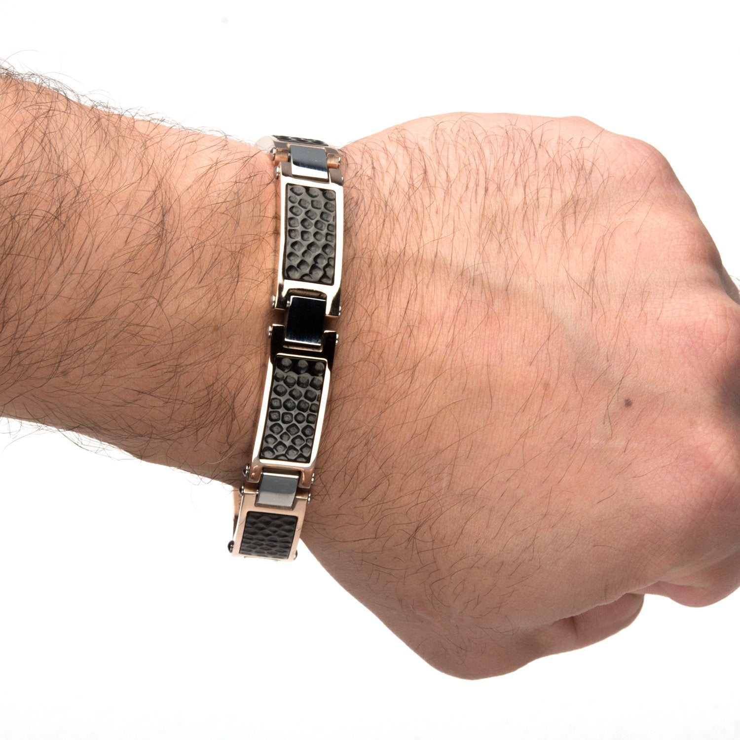 Mens Stainless Steel Tri-Tone Hammered Link Bracelet