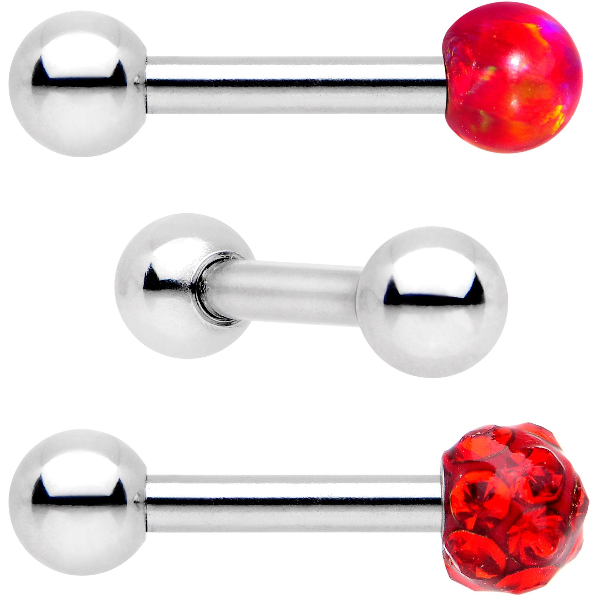 16 Gauge 1/4 Red Faux Opal Ball Cartilage Tragus Earring 3 Pack Set