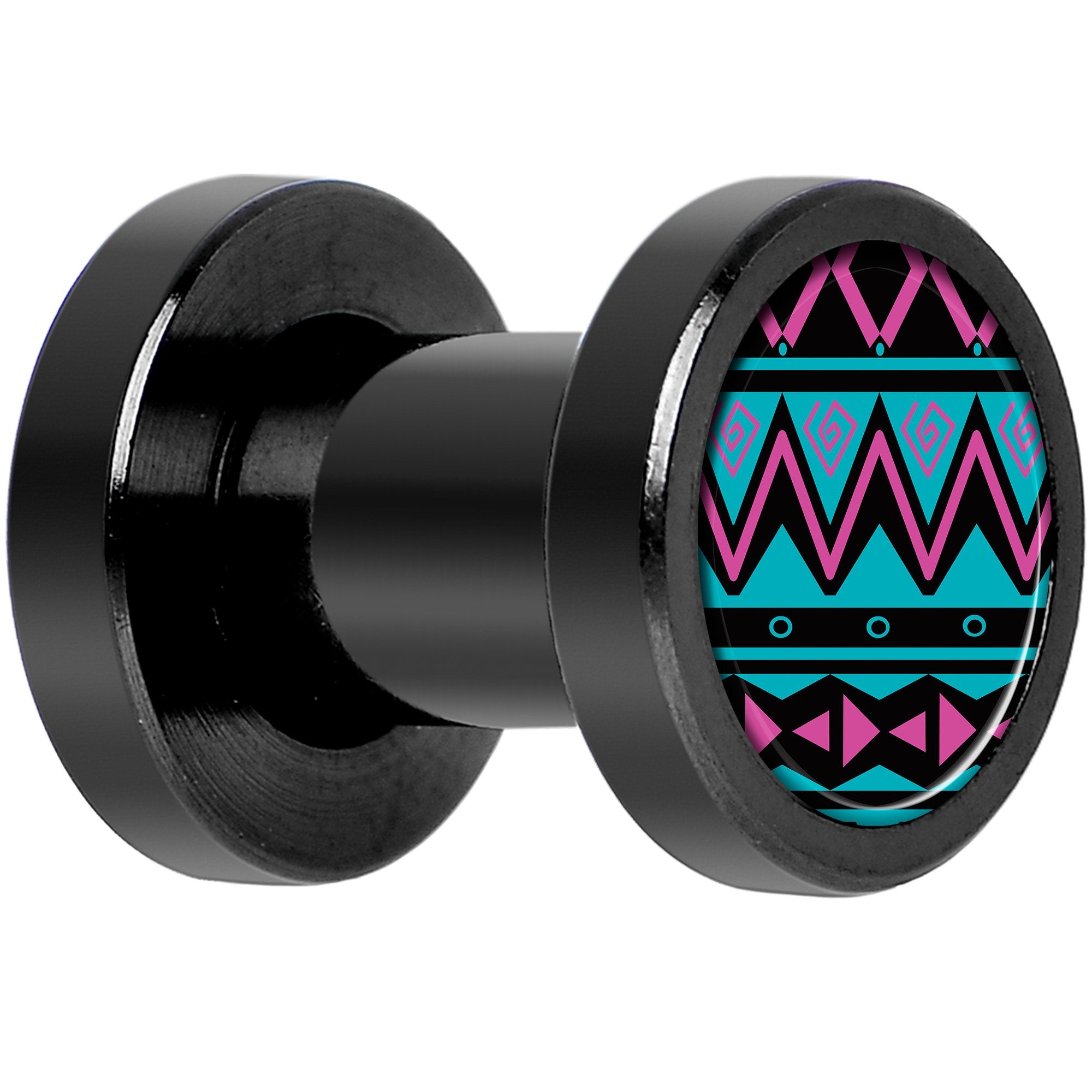 Pink Teal Tribal Print Black Anodized Screw Fit Plug Set 4 Gauge