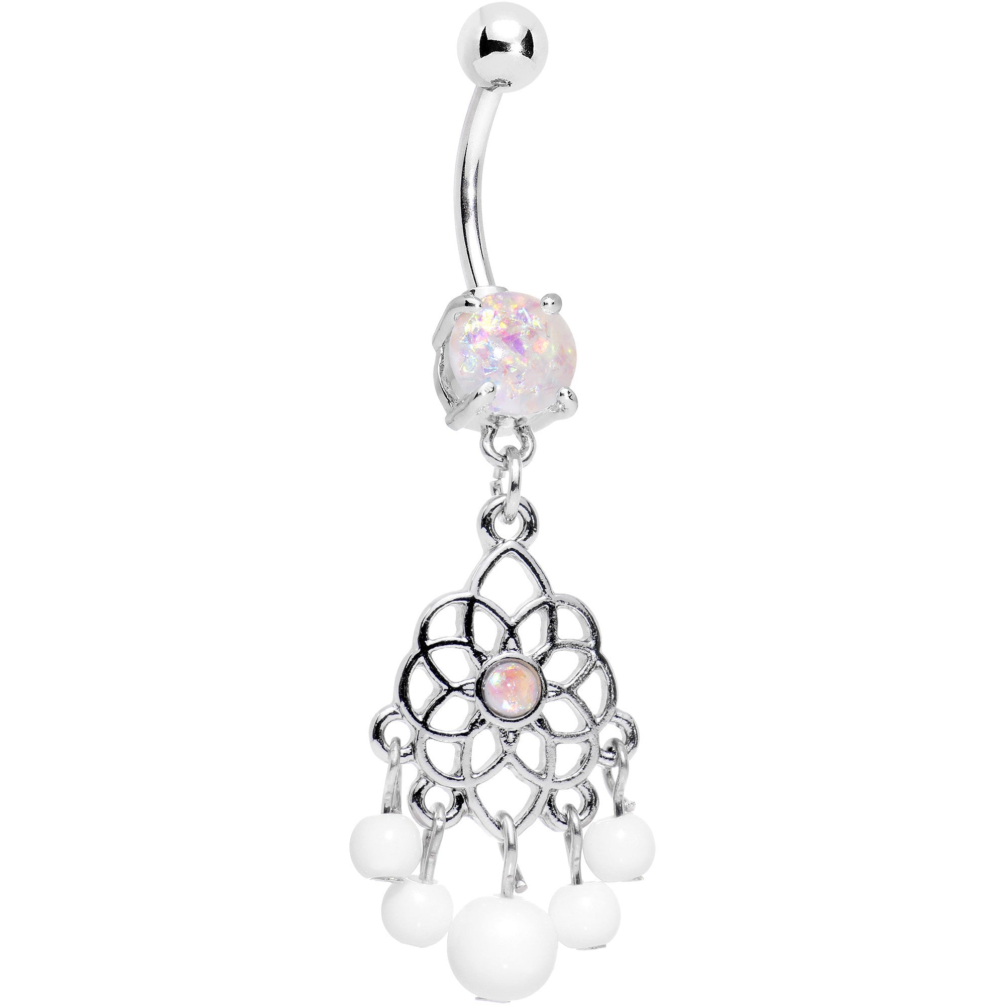 White Faux Opal Lotus Flower Dreamcatcher Dangle Belly Ring