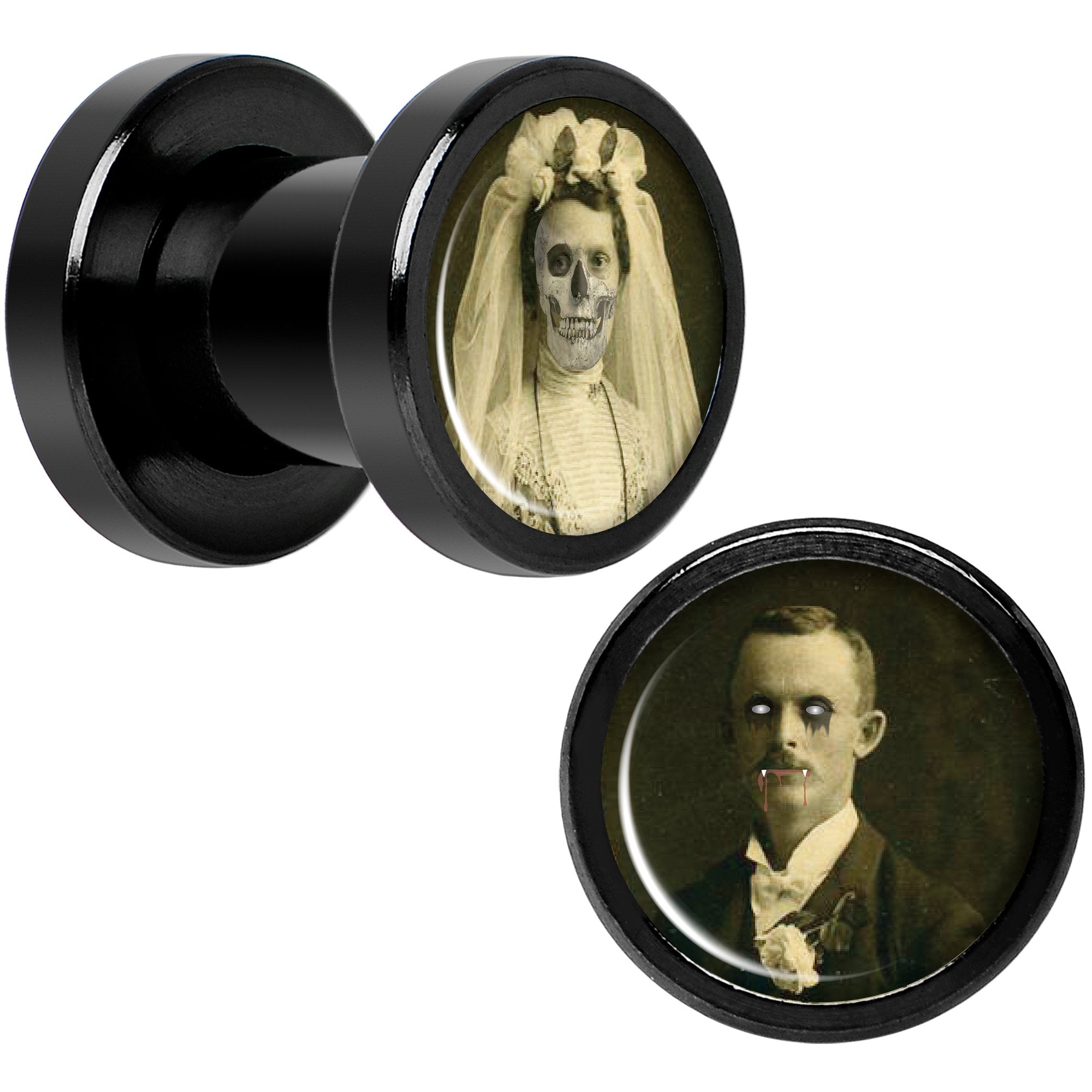 Undead Bride and Groom Halloween Black Anodized Plug Set 2 Gauge