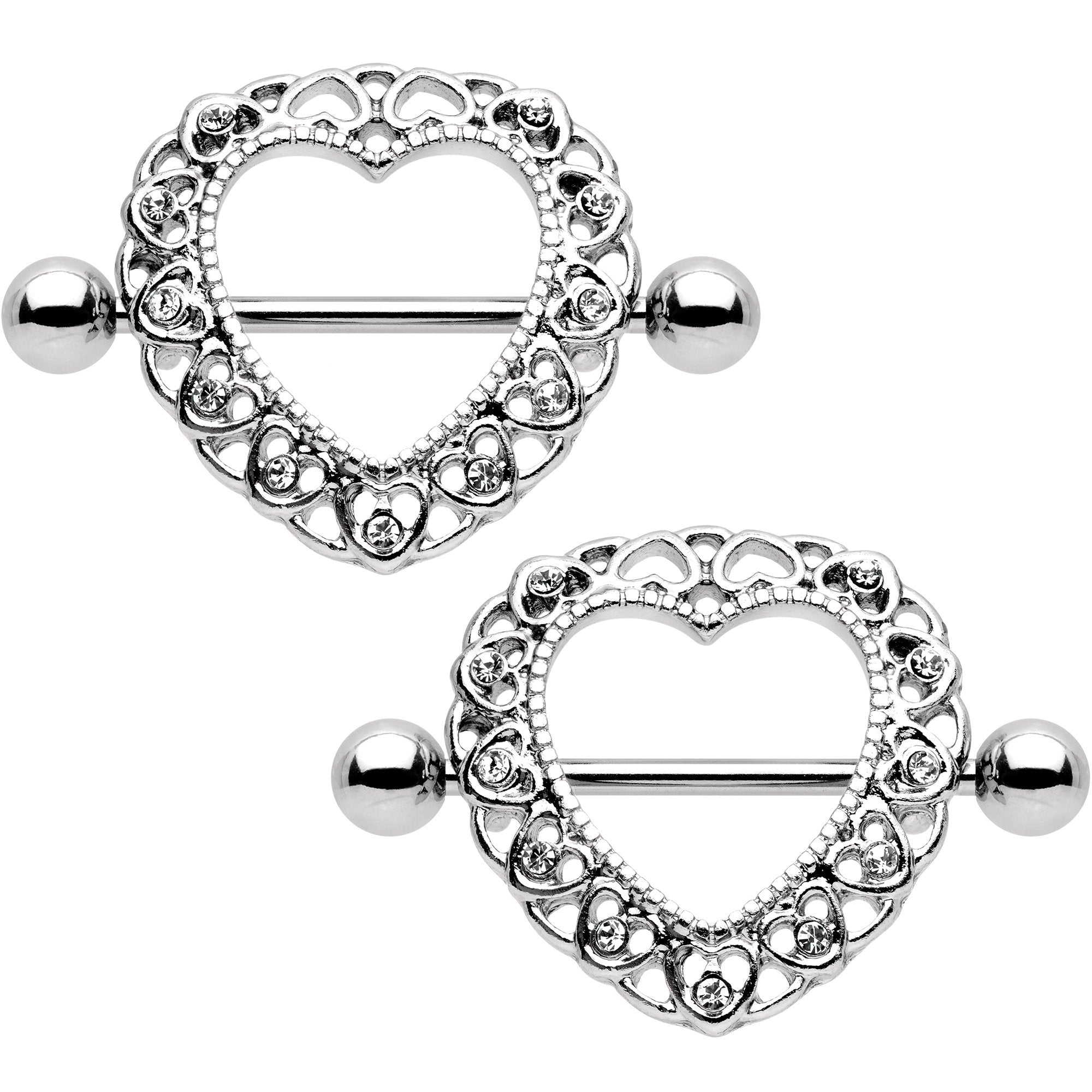 14 Gauge 7/8 Clear Gem Heart Wreath Nipple Shield Set