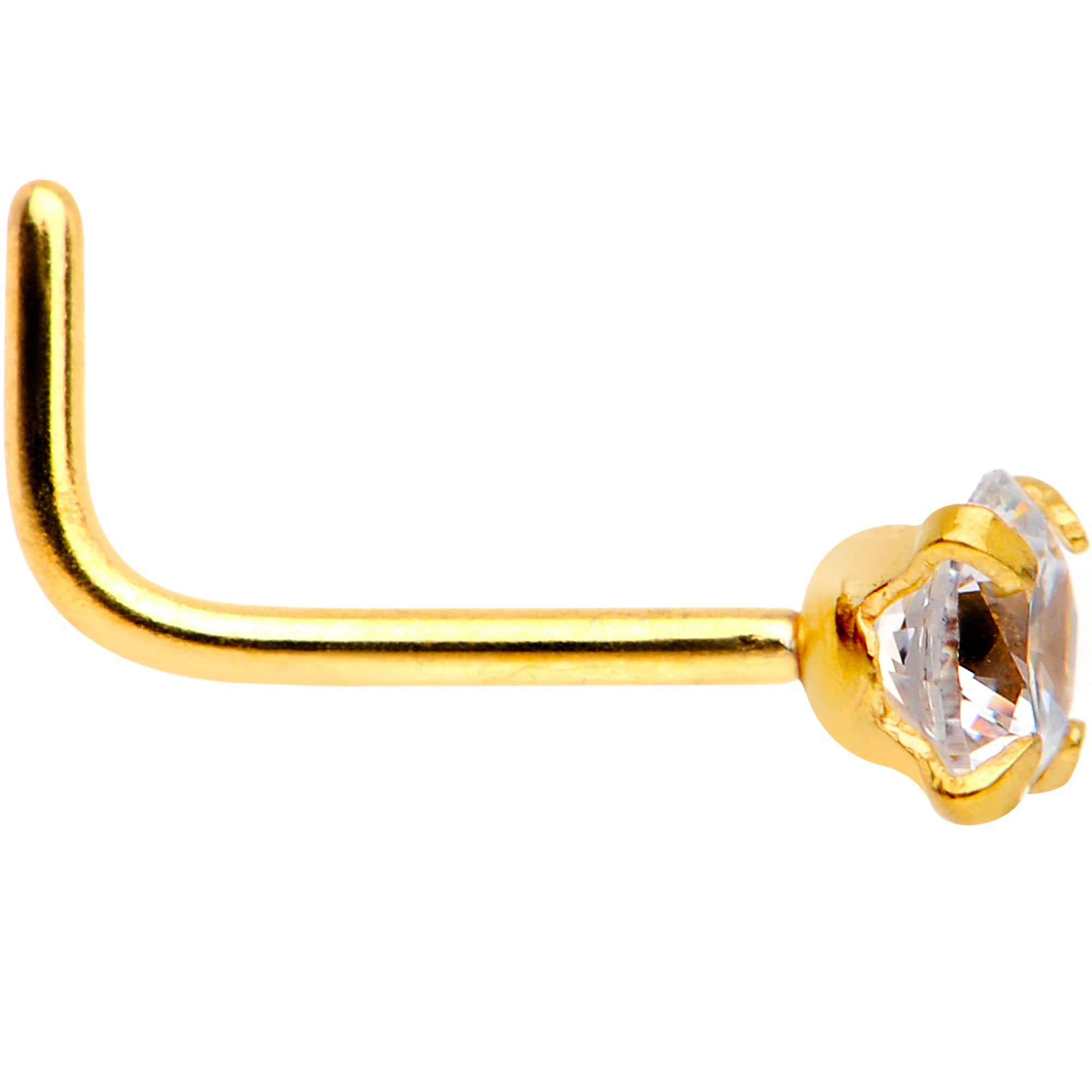 20 Gauge 1/4 Clear 3mm CZ Gem Gold IP L-Shape Nose Ring