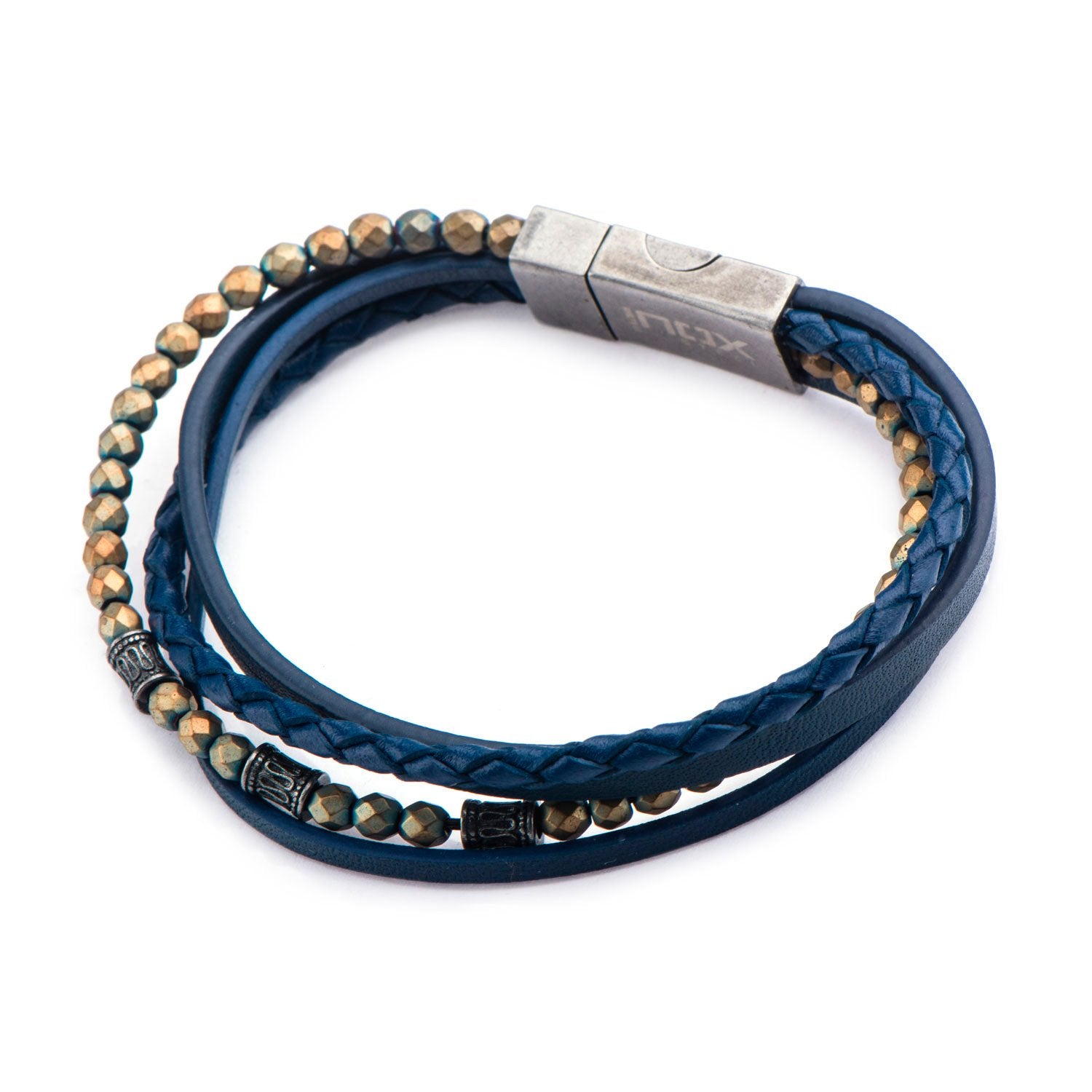 Mens Multi Layered Blue Leather Steel Hematite Bead Rope Bracelet