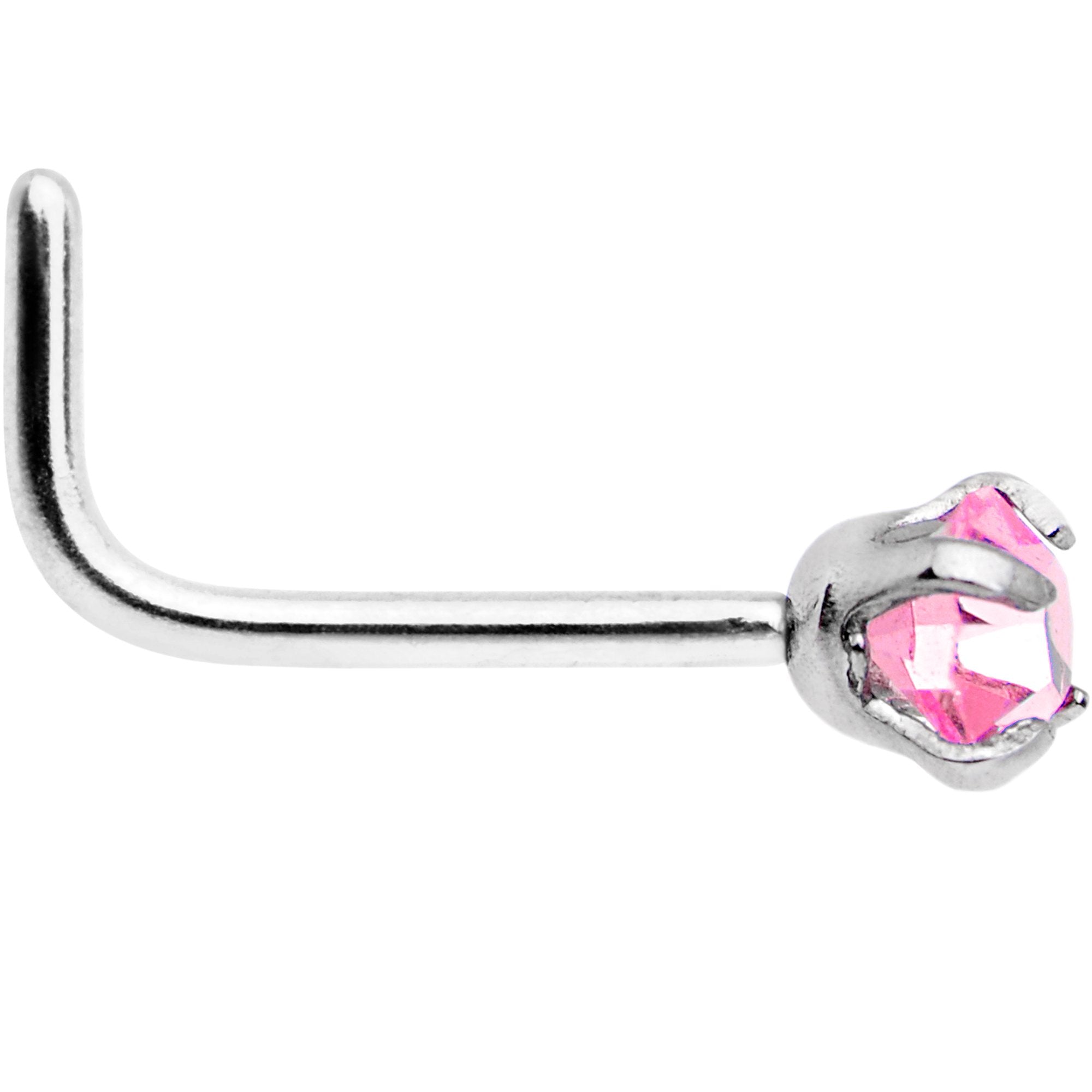 20 Gauge 1/4 Pink 3mm CZ Gem Steel L-Shape Nose Ring