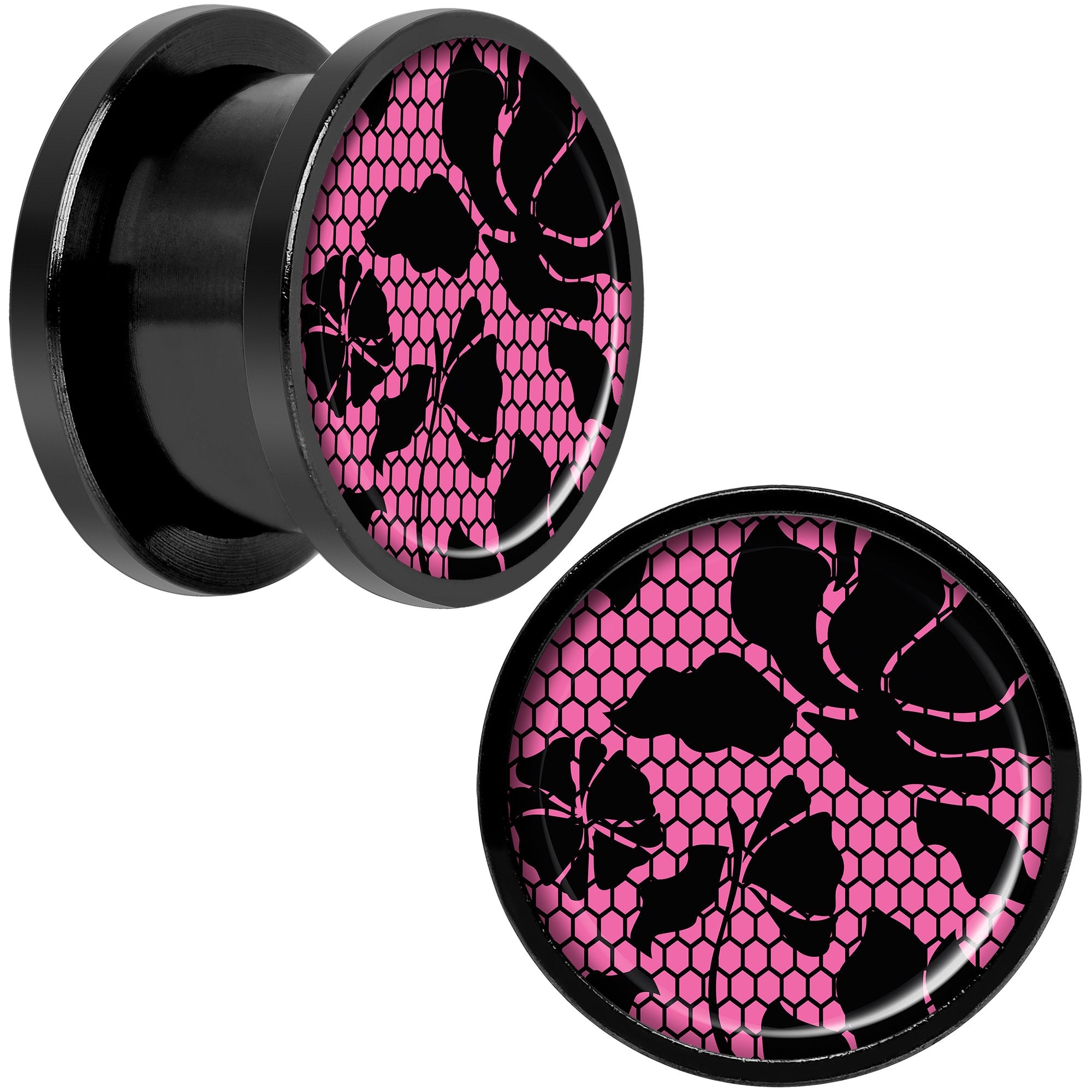 Pink Floral Lace Black Anodized Screw Fit Plug Set 9/16