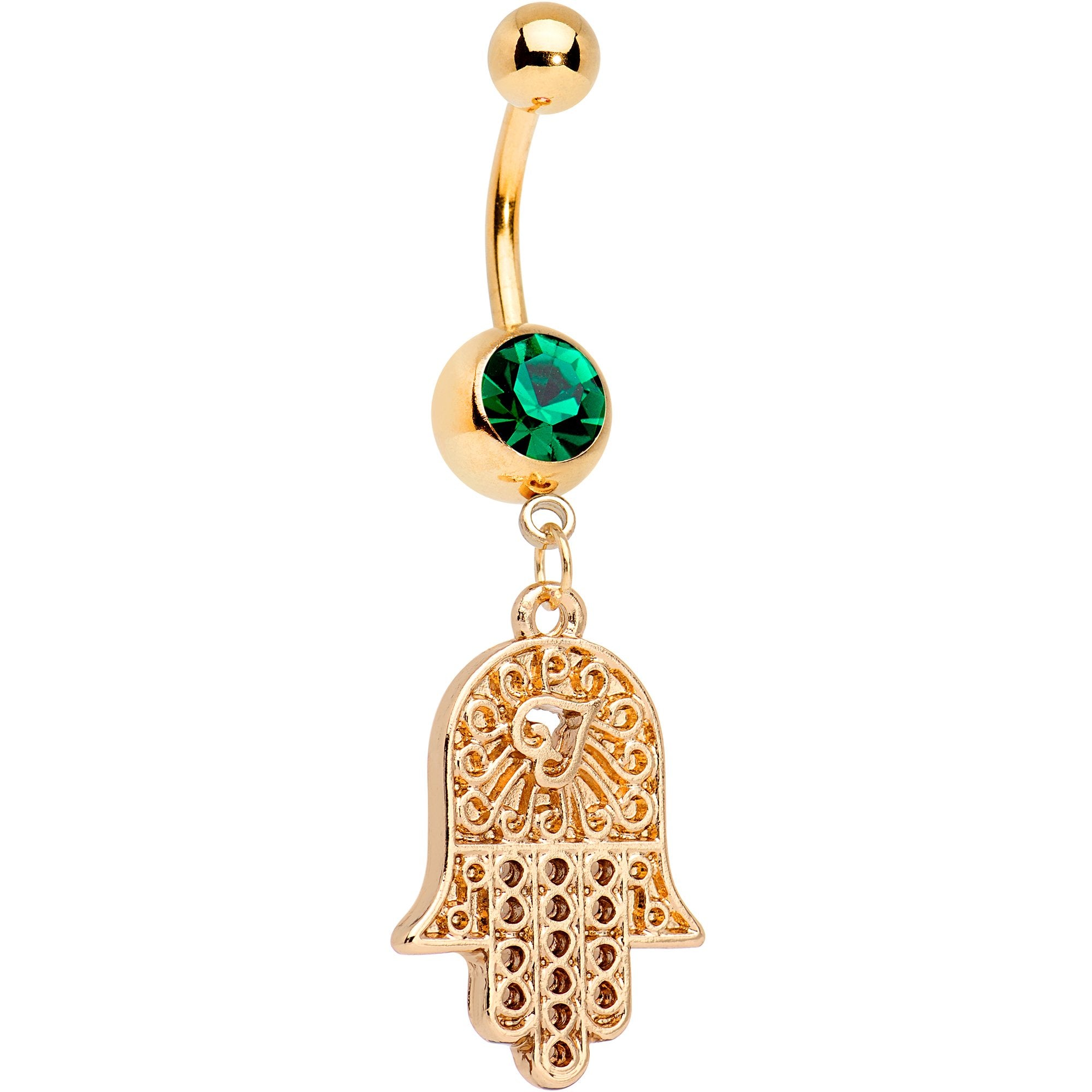 Green Gem Gold Tone Anodized Heart In Hand Hamsa Dangle Belly Ring