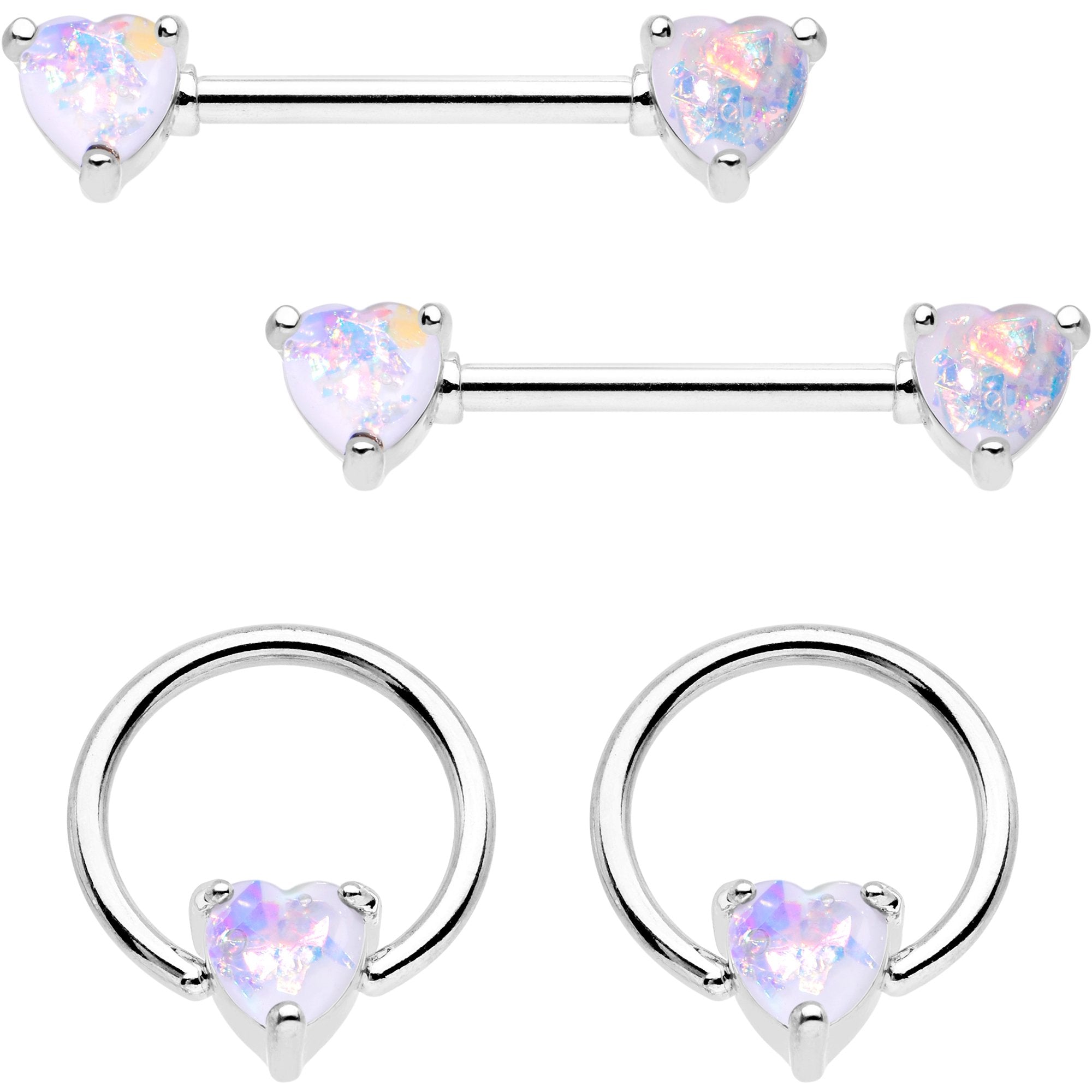 White Faux Opal Heart Captive Ring Straight Barbell Nipple Ring Set