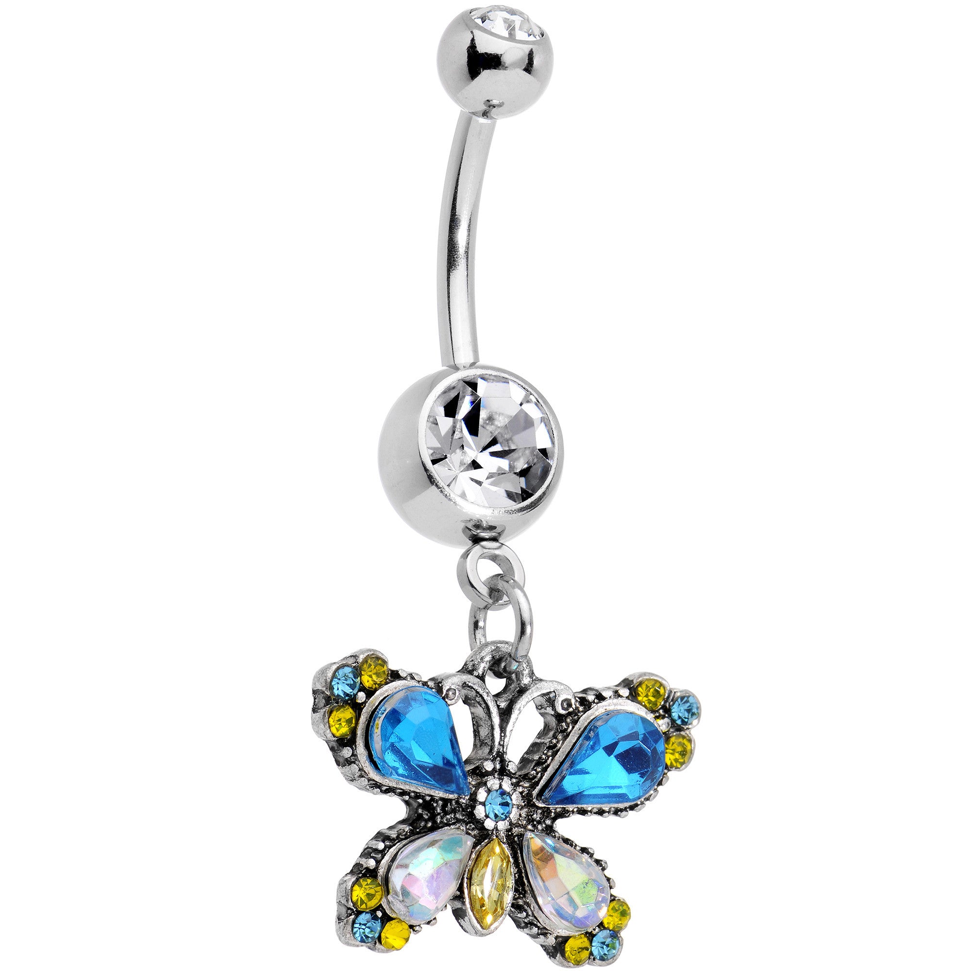 Clear Blue Gem Funky Butterfly Dangle Belly Ring