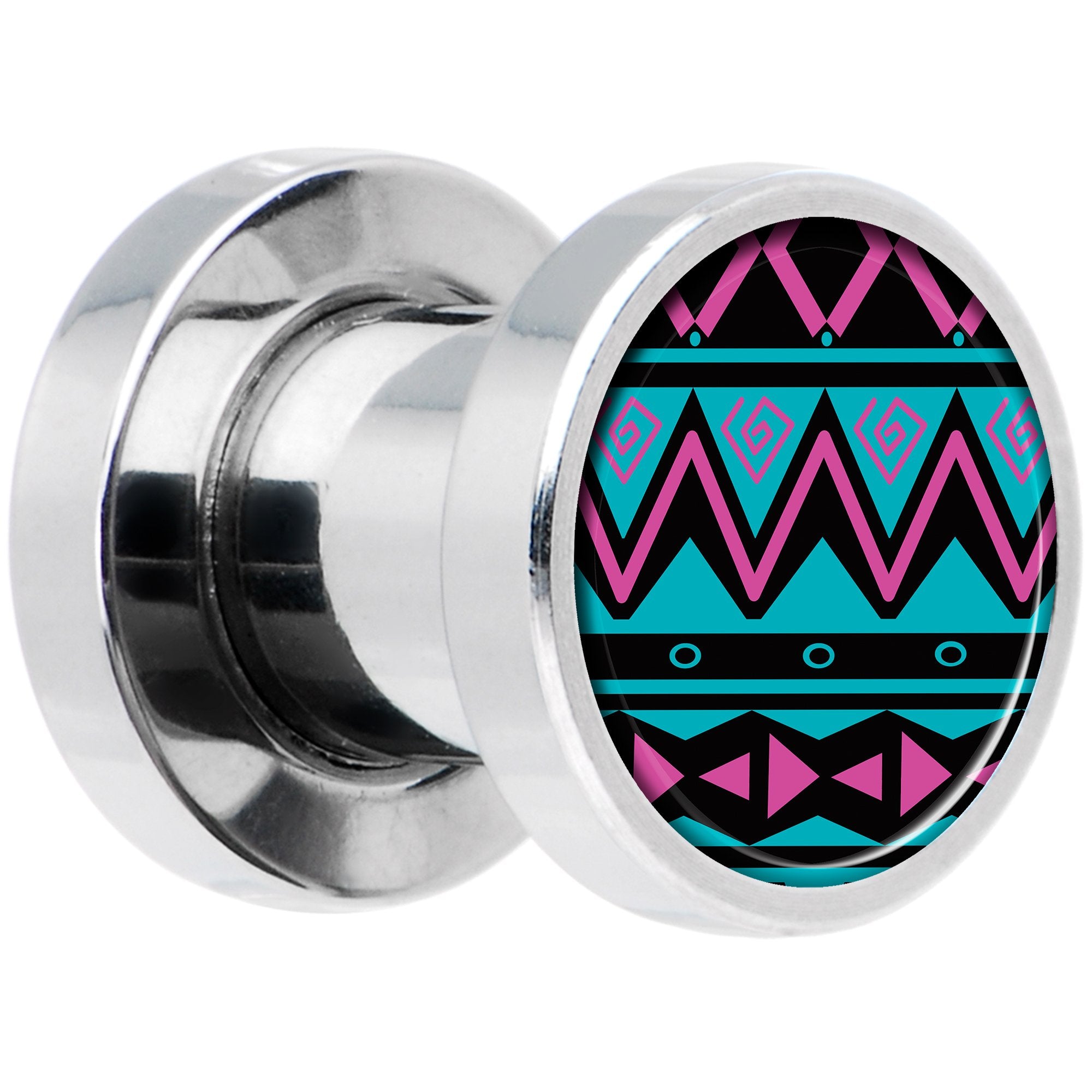 Pink Teal Tribal Print Steel Screw Fit Plug Set 2 Gauge