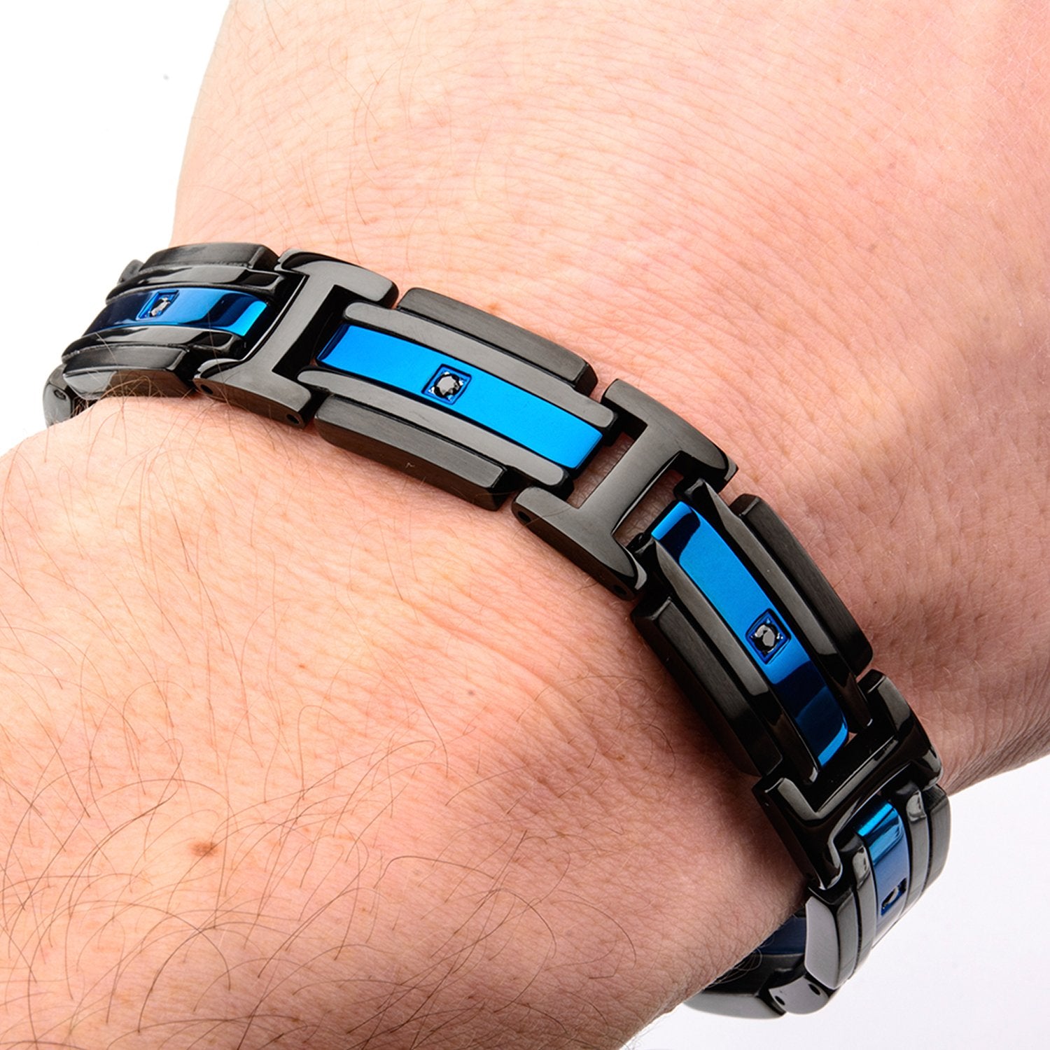 Mens Stainless Steel Matte Black Blue IP with Black CZ Bracelet