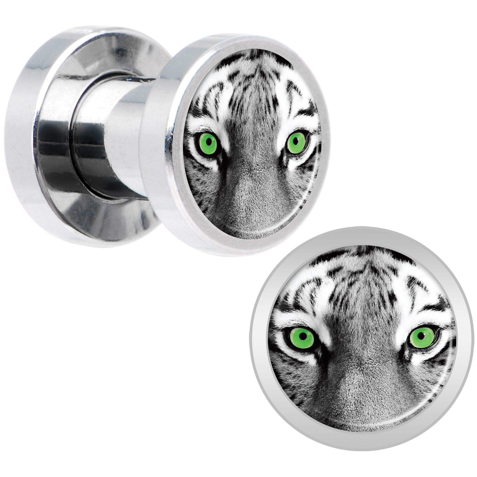 Black White Tiger Eyes Steel Screw Fit Plug Set 4 Gauge