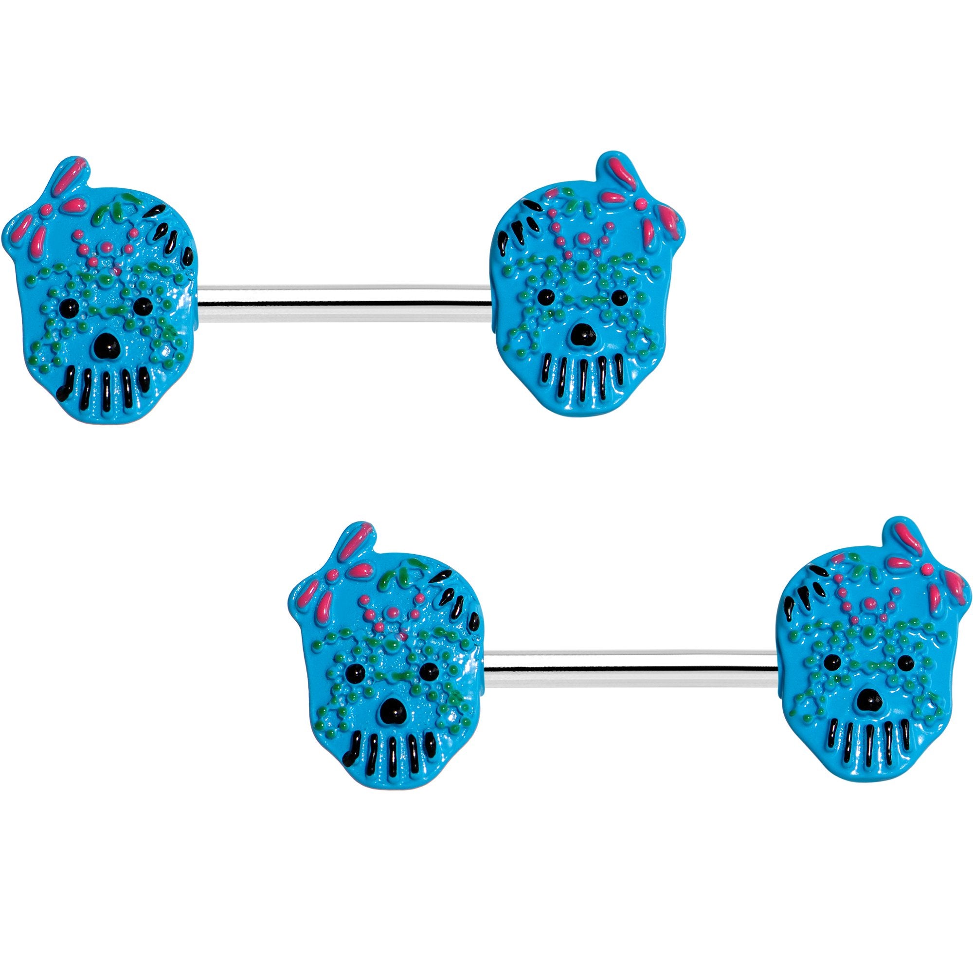 Blue Girly Sugar Skull Nipple Barbell Set