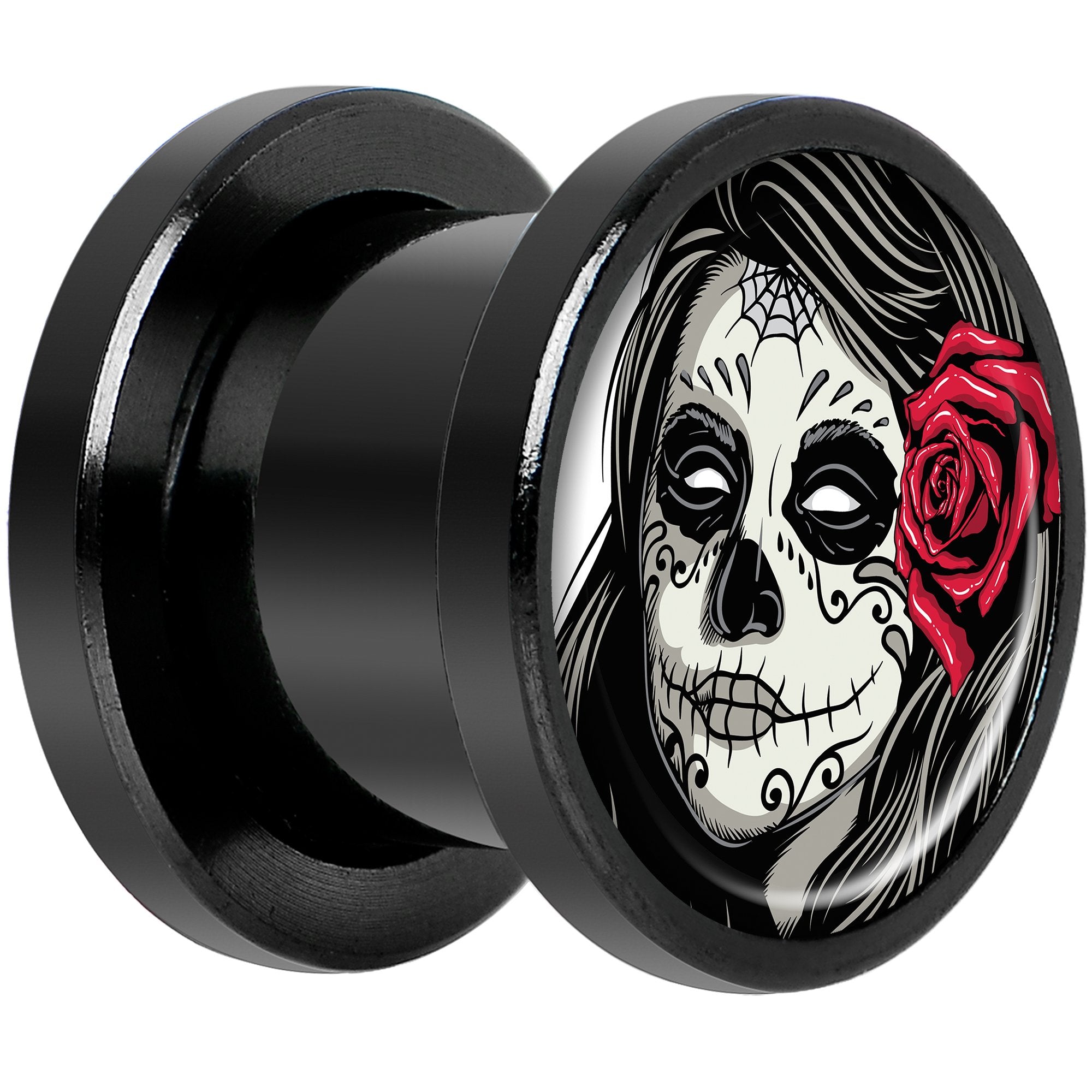 Katrina Sugar Skull Rose Flower Black Anodized Screw Fit Plug Set 00 Gauge