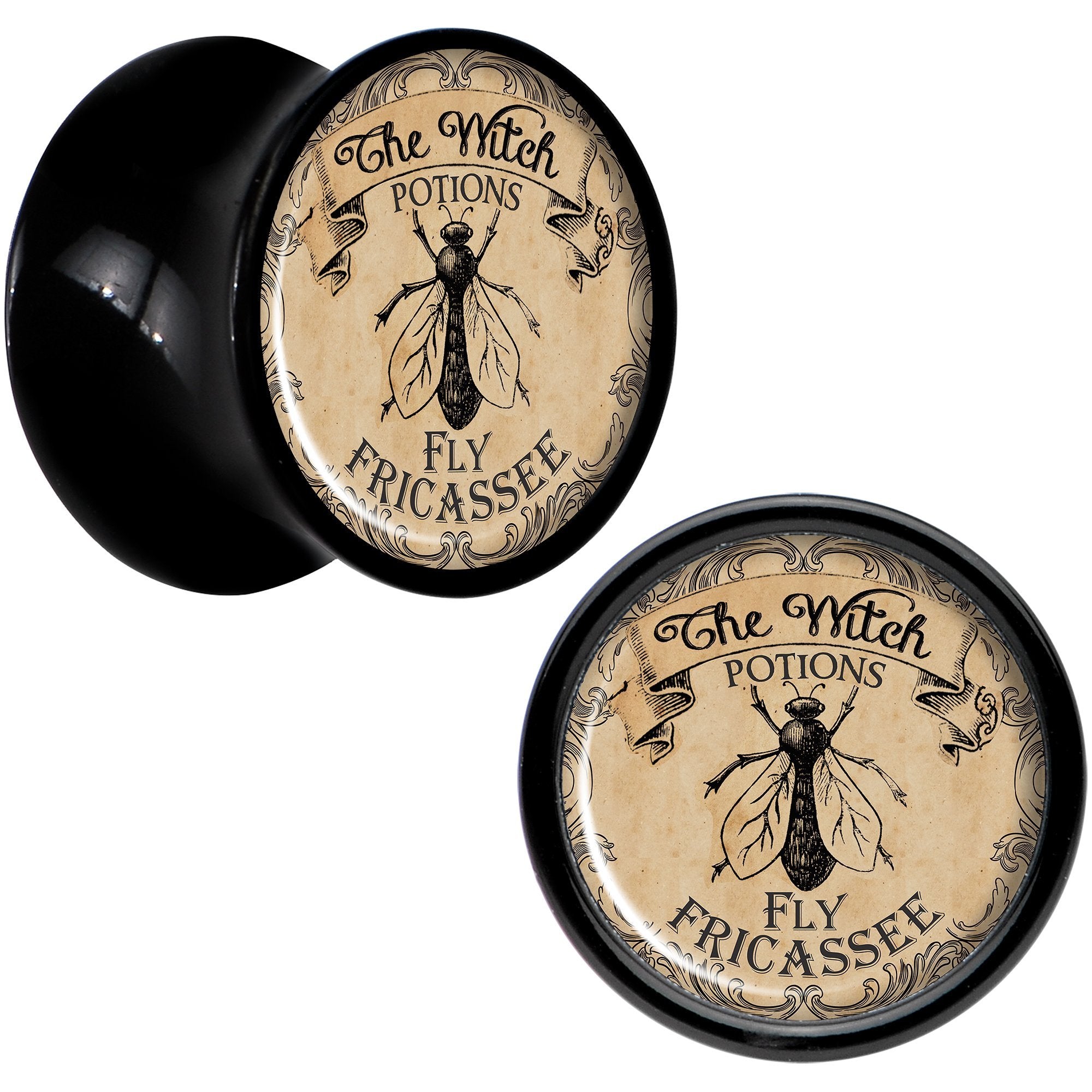 Witches Brew Fly Fricassee Halloween Black Acrylic Plug Sizes 0 Gauge to 20mm