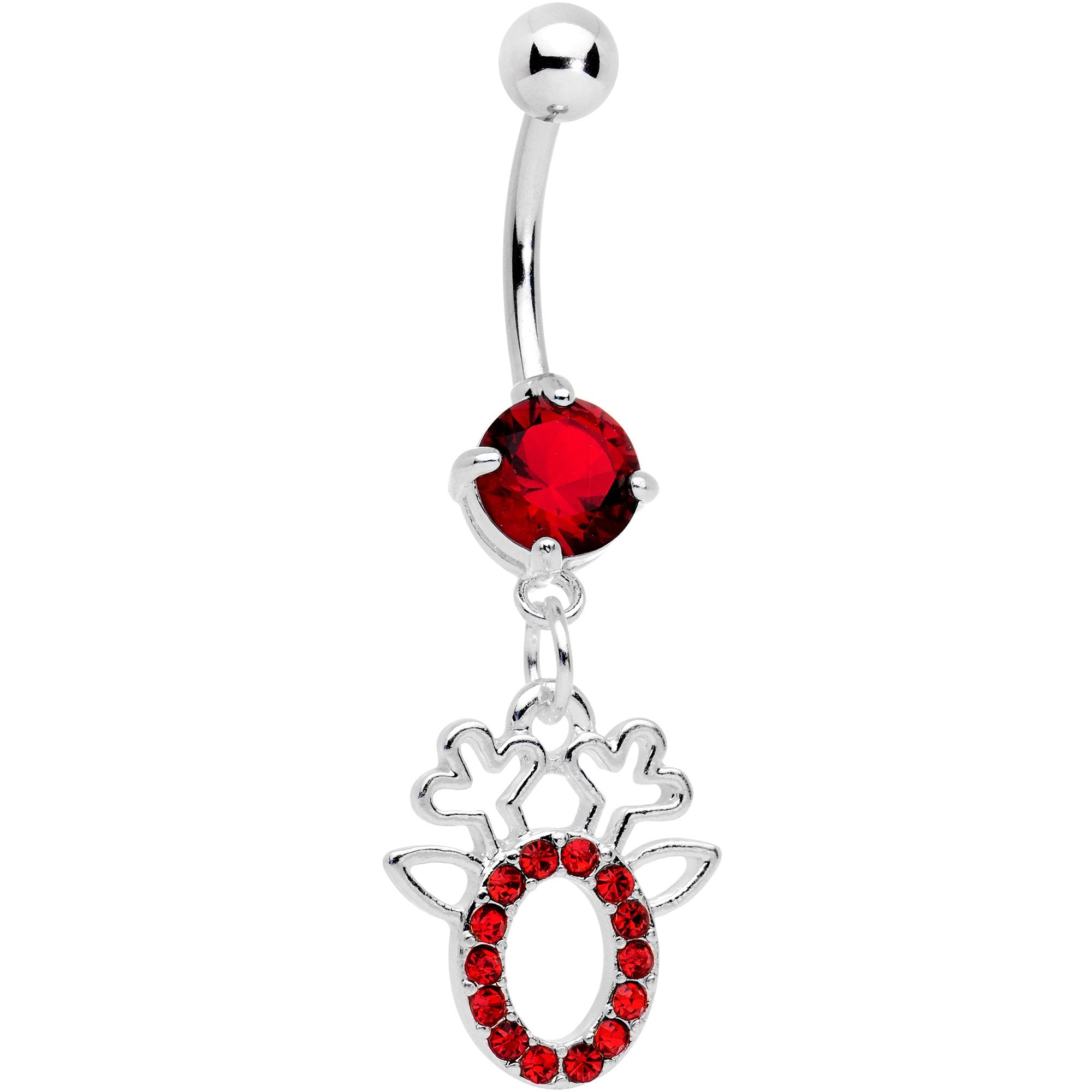 Red Gem Encrusted Christmas Reindeer Dangle Belly Ring