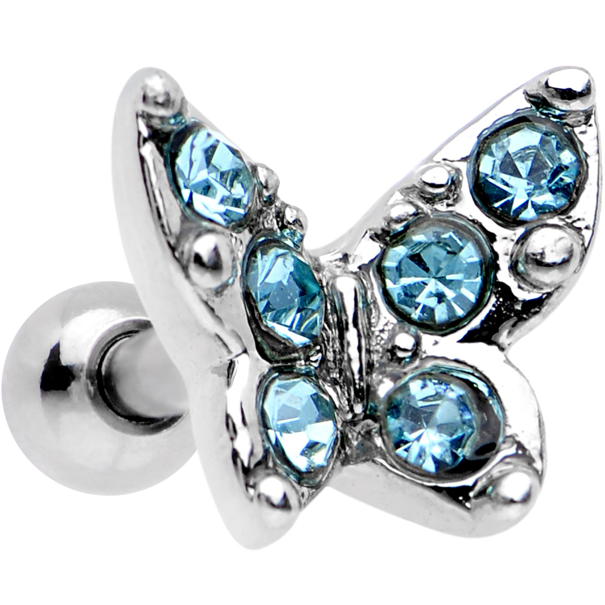 16 Gauge Blue Gem Silver Tone Butterfly Tragus Cartilage Earring