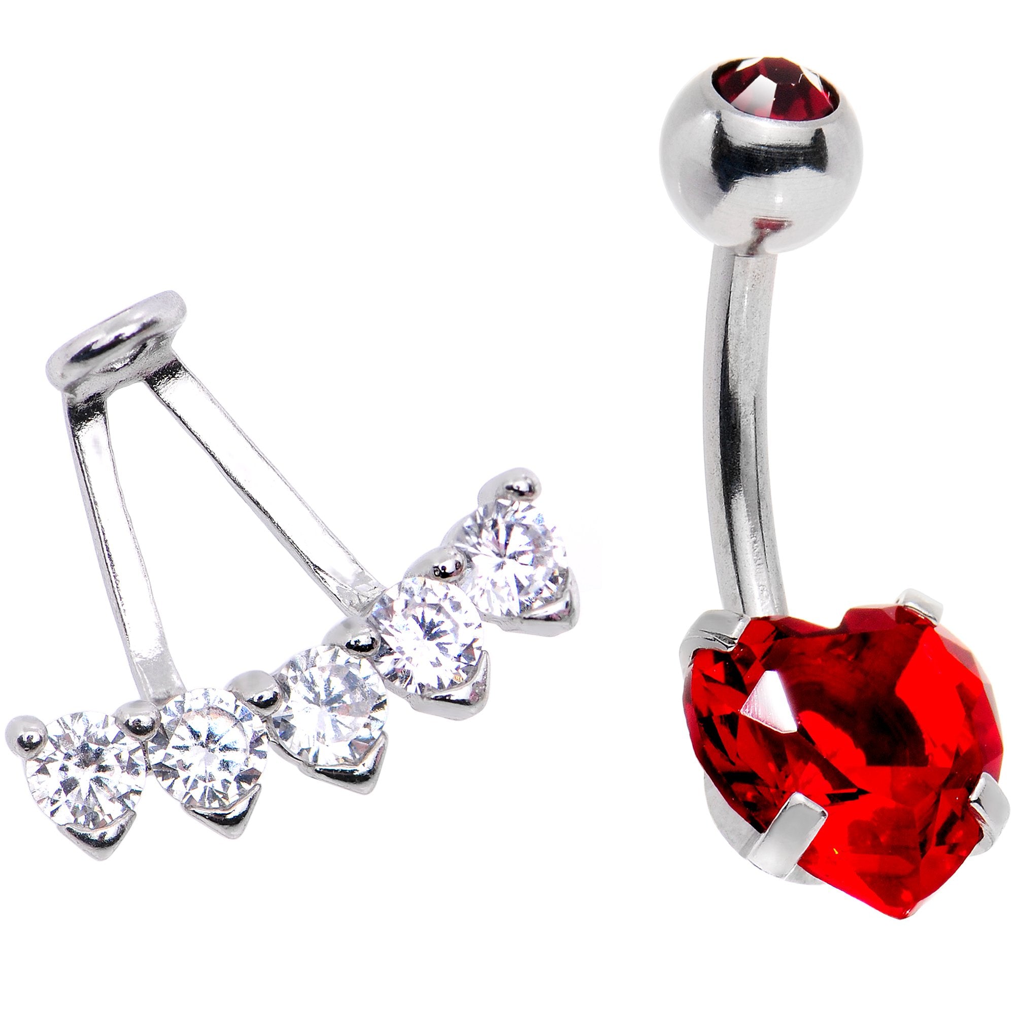 Clear Red CZ Gem Sweet Heart Sweep Dangle Belly Ring