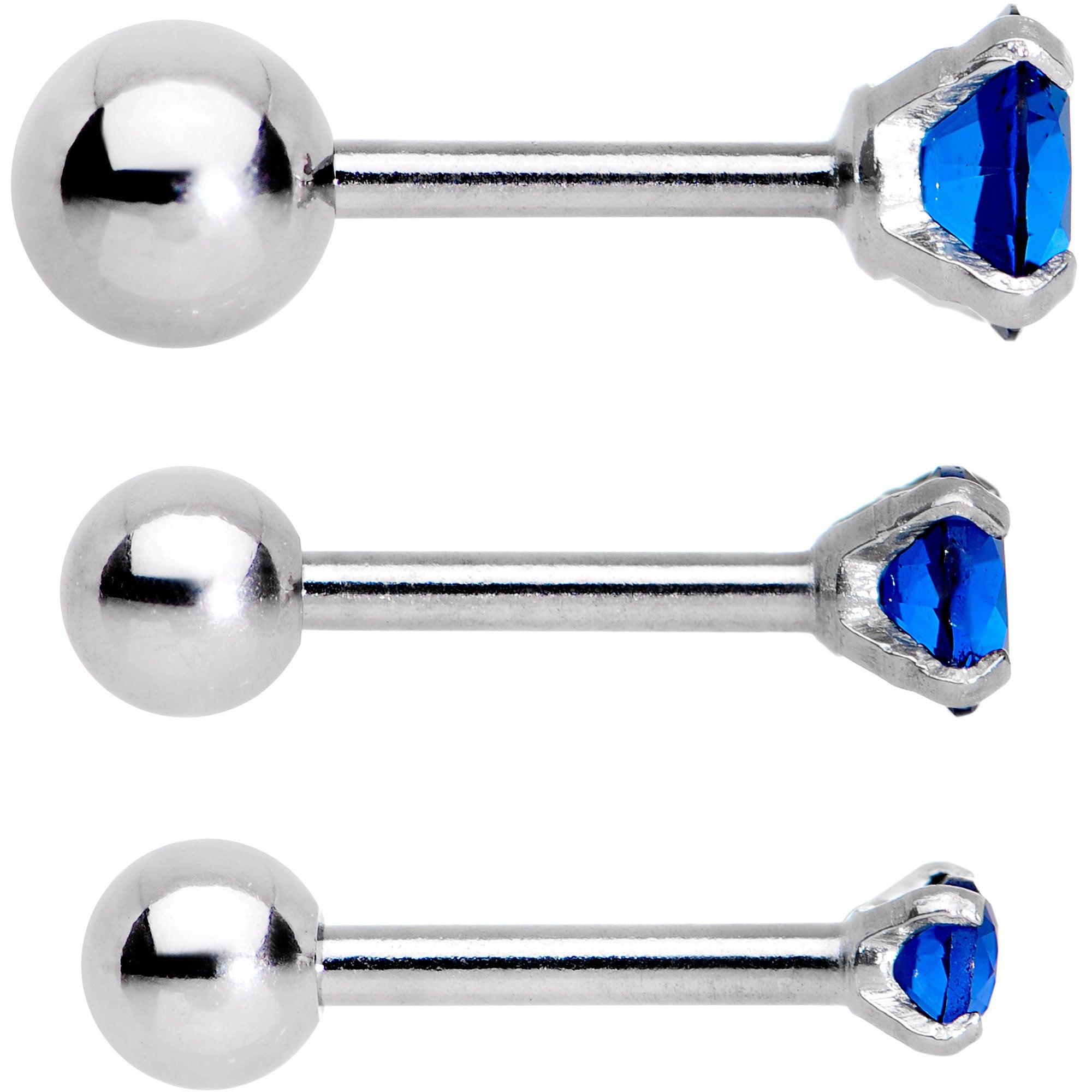 18 Gauge 1/4 Blue CZ Gem Tragus Cartilage Earring 3 Pack Set