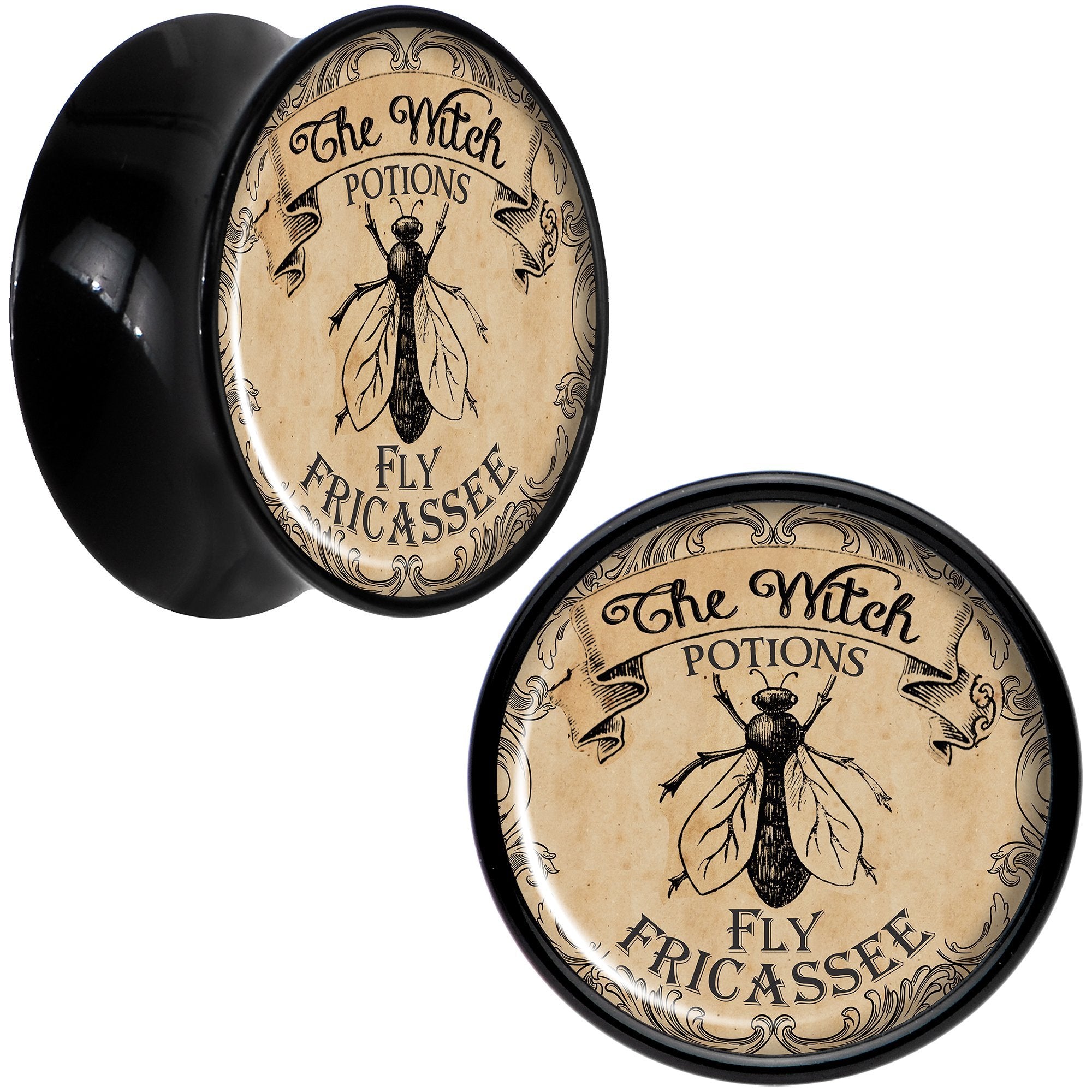 Witches Brew Fly Fricassee Halloween Black Acrylic Plug Sizes 0 Gauge to 20mm