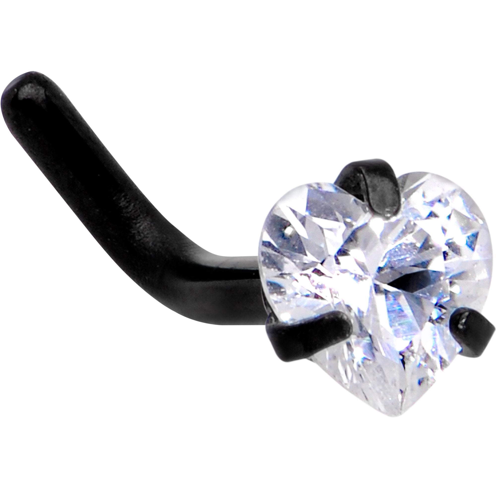 18 Gauge 1/4 Clear Heart 3mm CZ Gem Black IP L-Shape Nose Ring