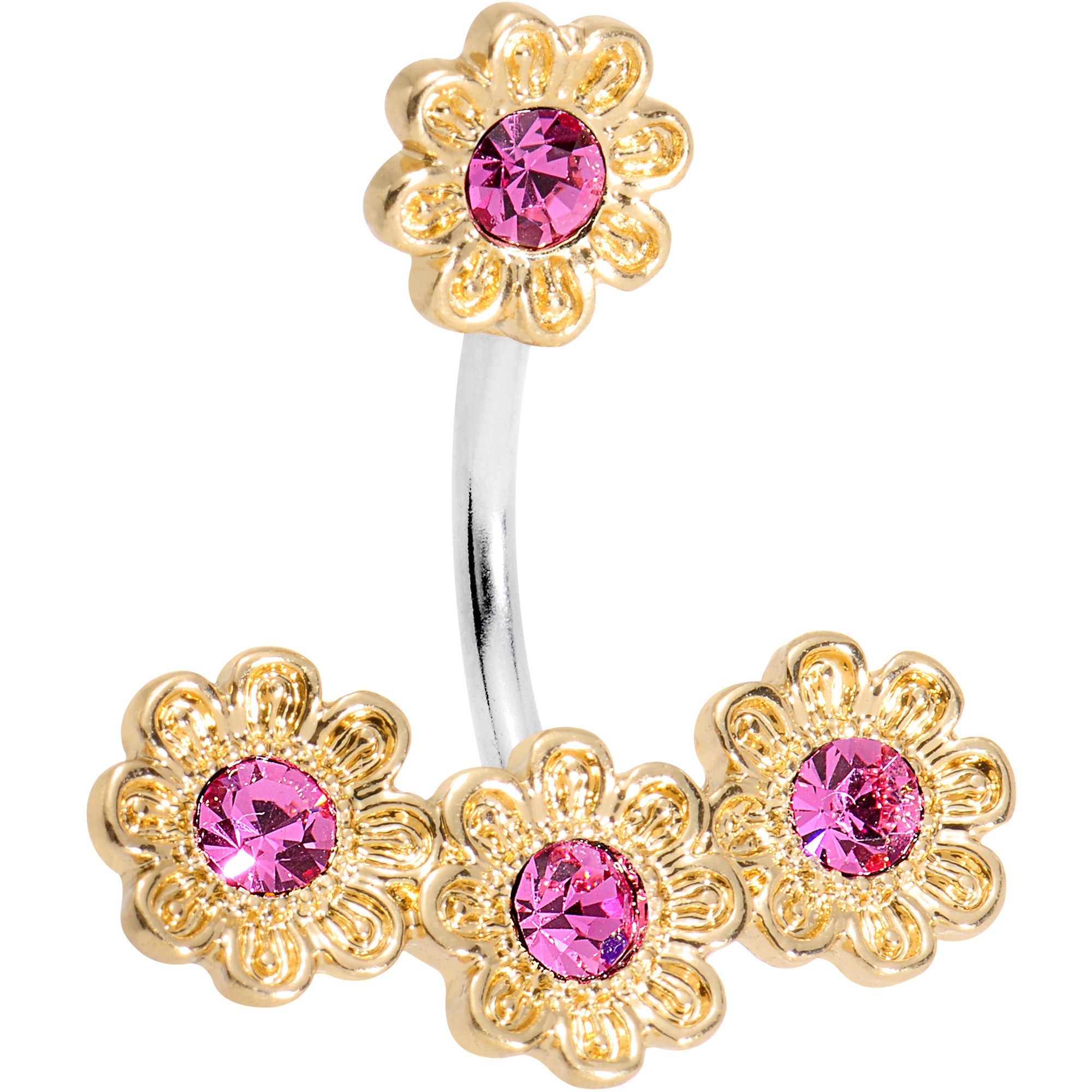 Pink Gem Golden Flower Power Double Mount Belly Ring